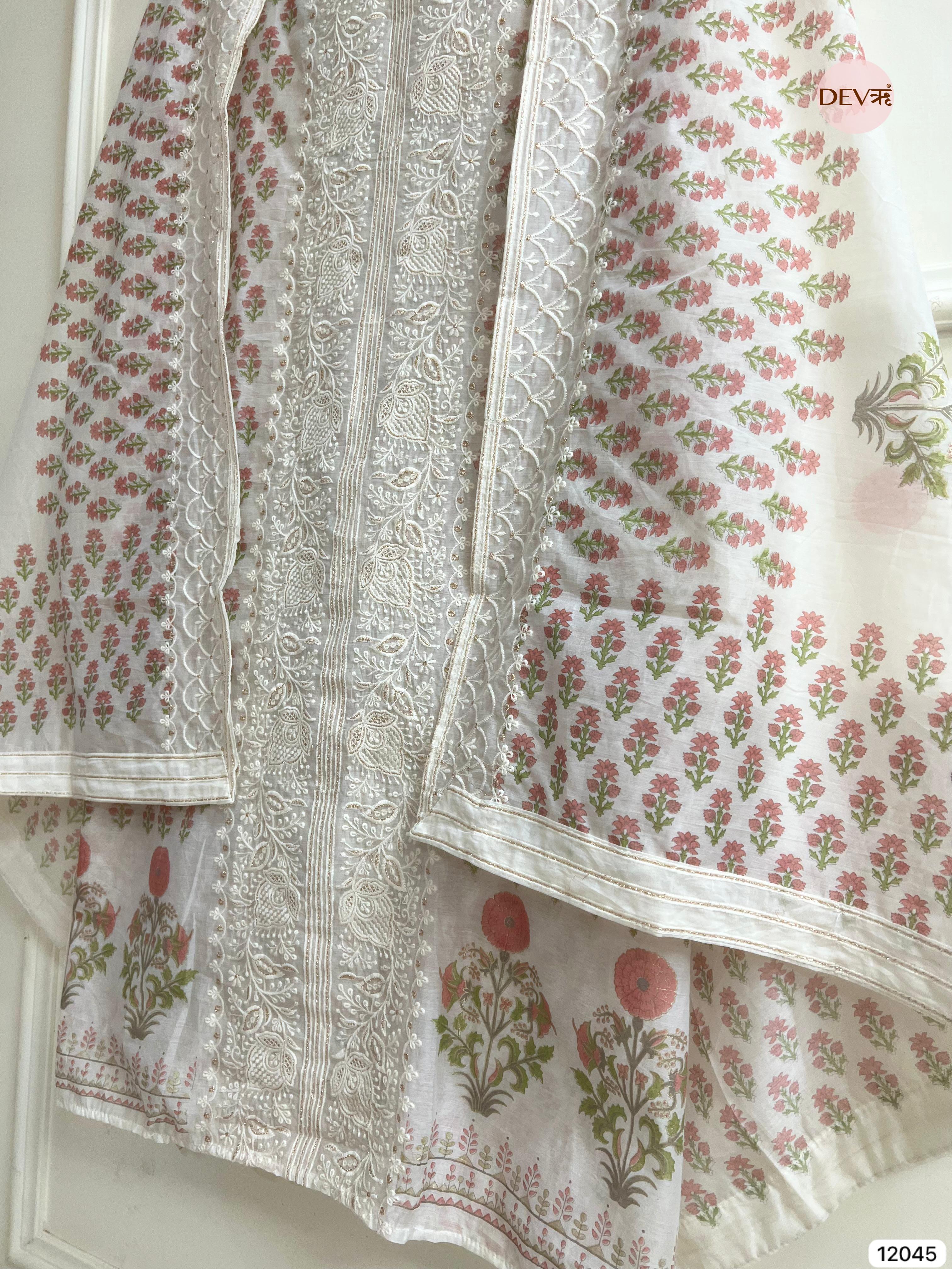 Off White Mul Chanderi Unstitched Block Printed Lucknawi Embroidered -Set Of 3 - {12045}