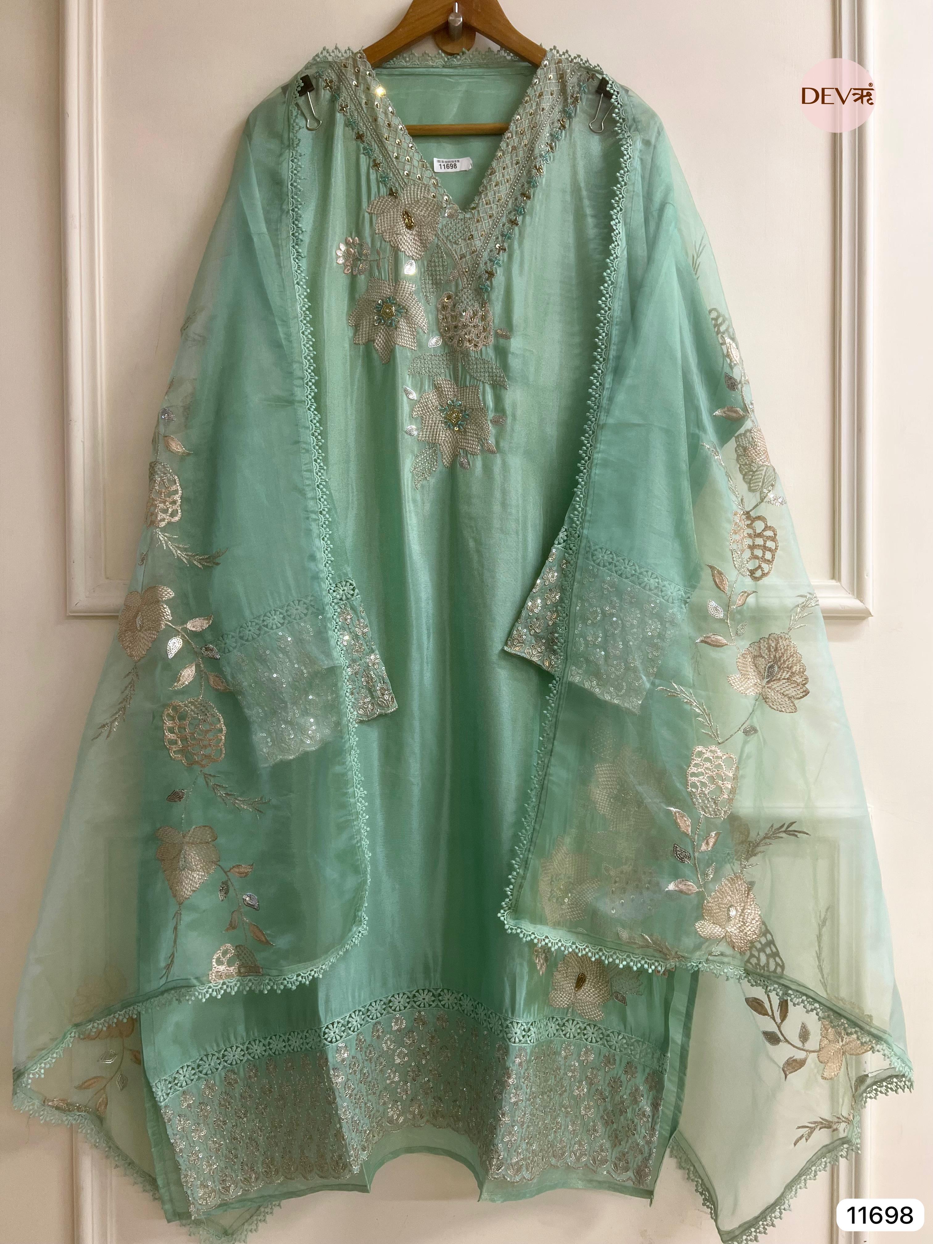Green Tissue Shimmer Silk Semi Stitched Hand Embroidered -Set Of 3- {11698}