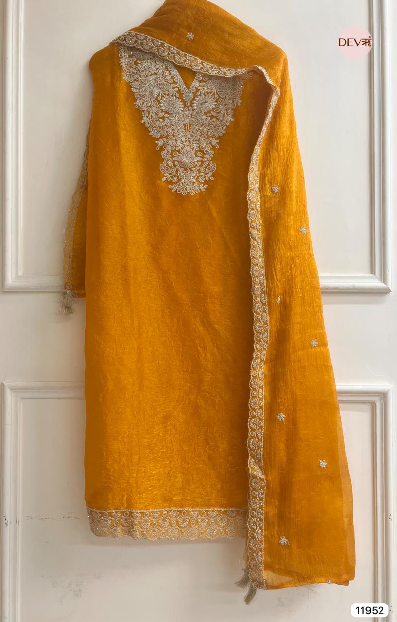 Mustard Crush Tissue Embroidered Unstitched 3-Piece Suit (Devri – D.No 11952)