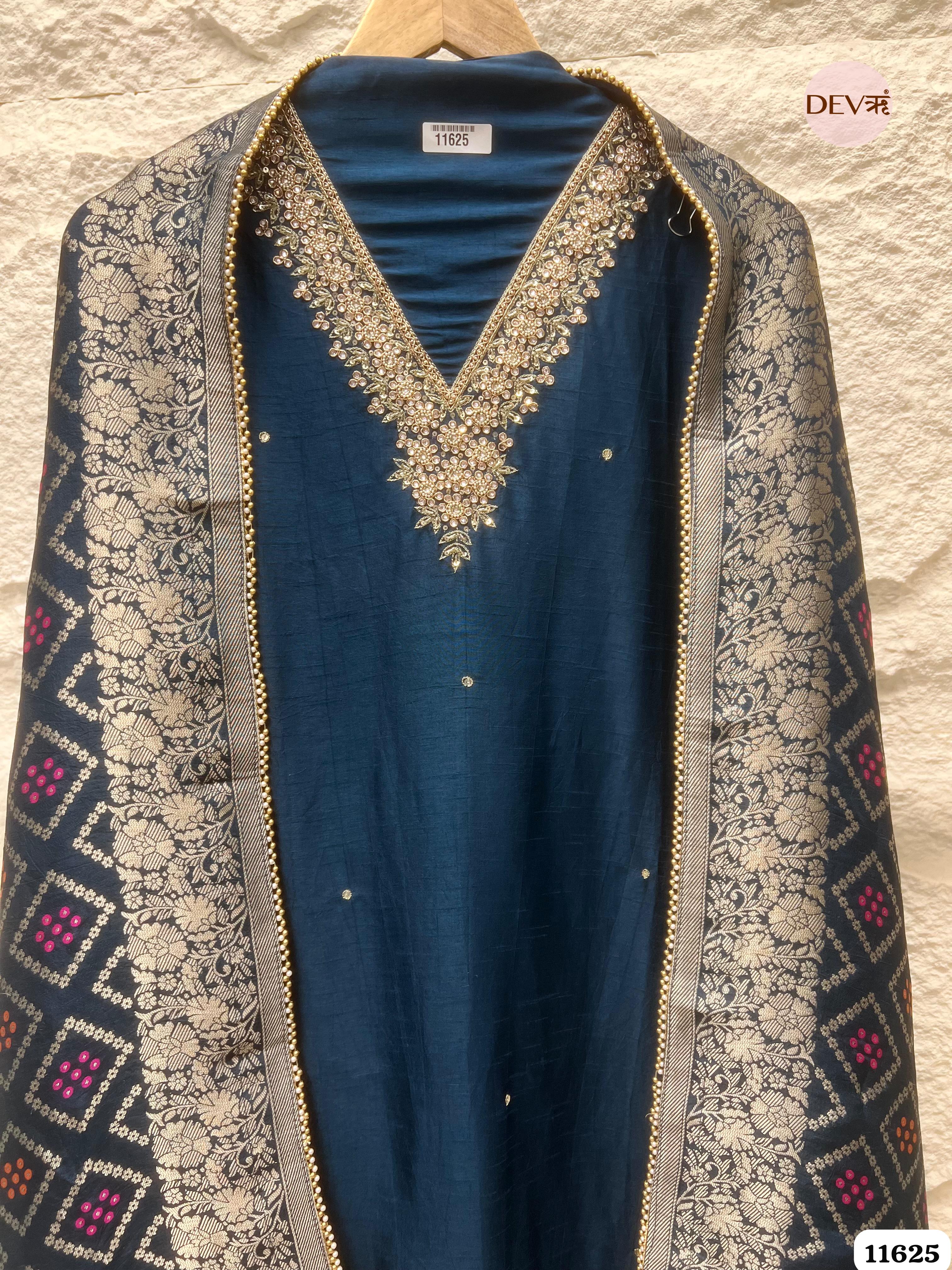 Navy Blue Pure Russian Silk Unstitched Hand Embroidered -Set Of 3 {11625}