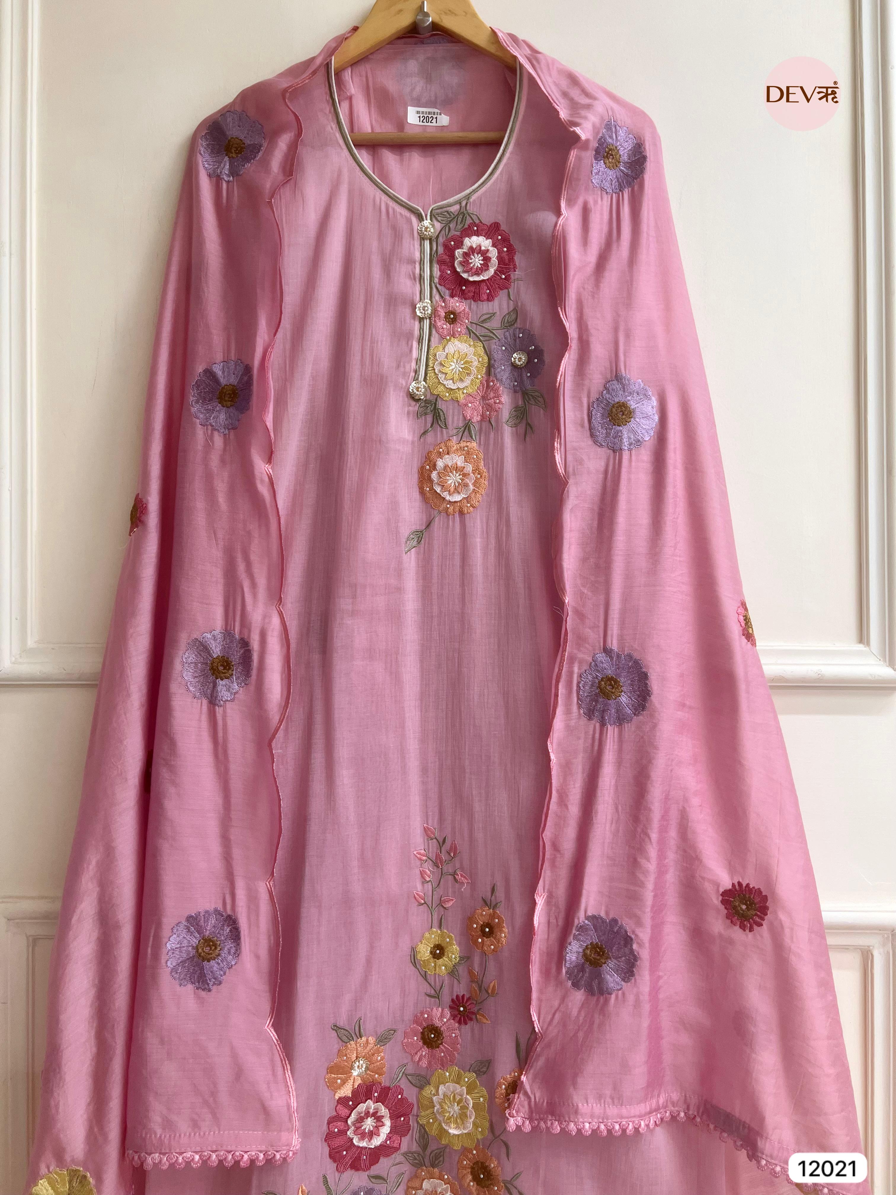 Pink Pure Mul Chanderi Unstitched Embroidered -Set Of 3 - {12021}