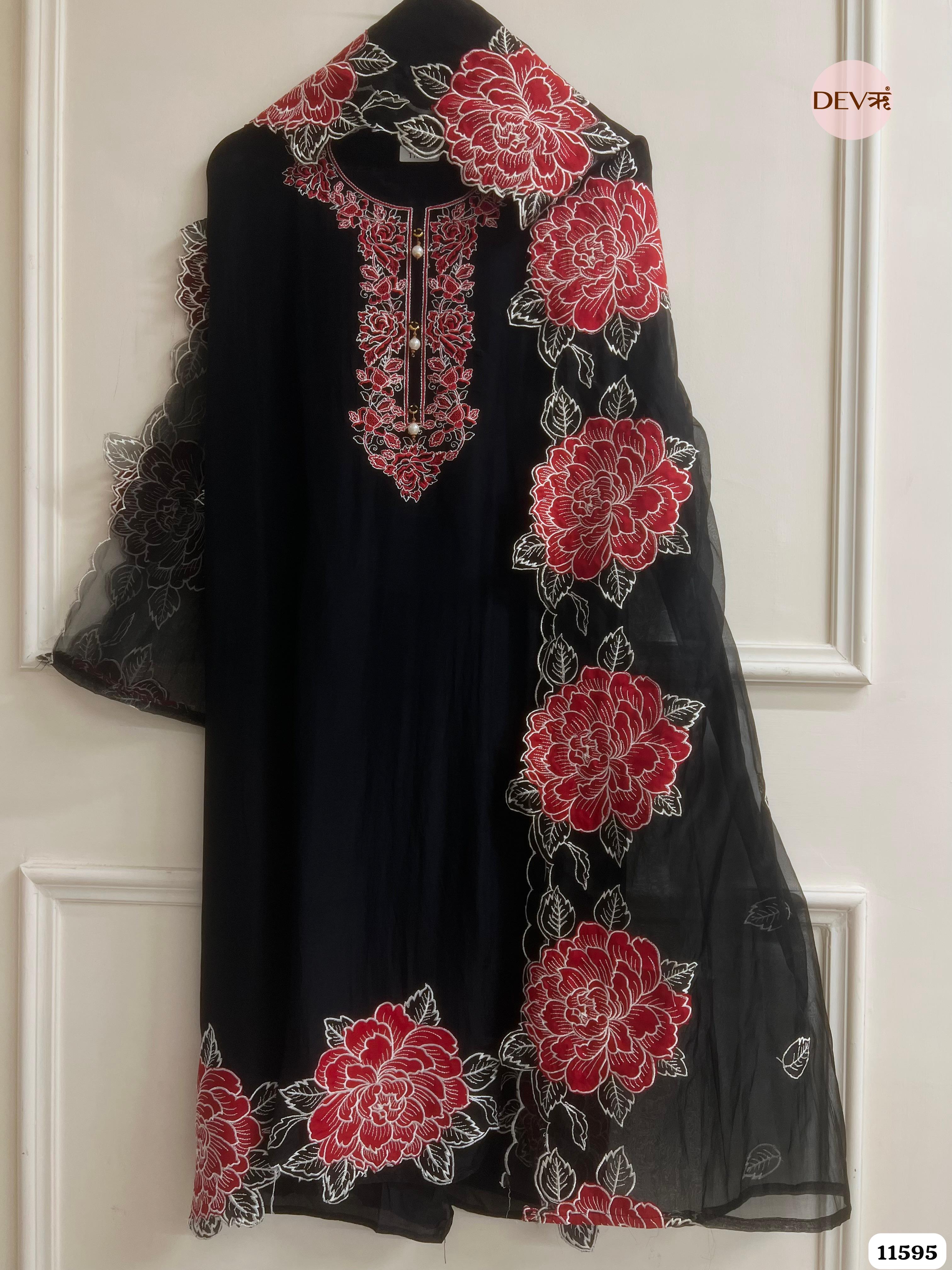 Black Organza Unstitched Embroidered -Set Of 3
