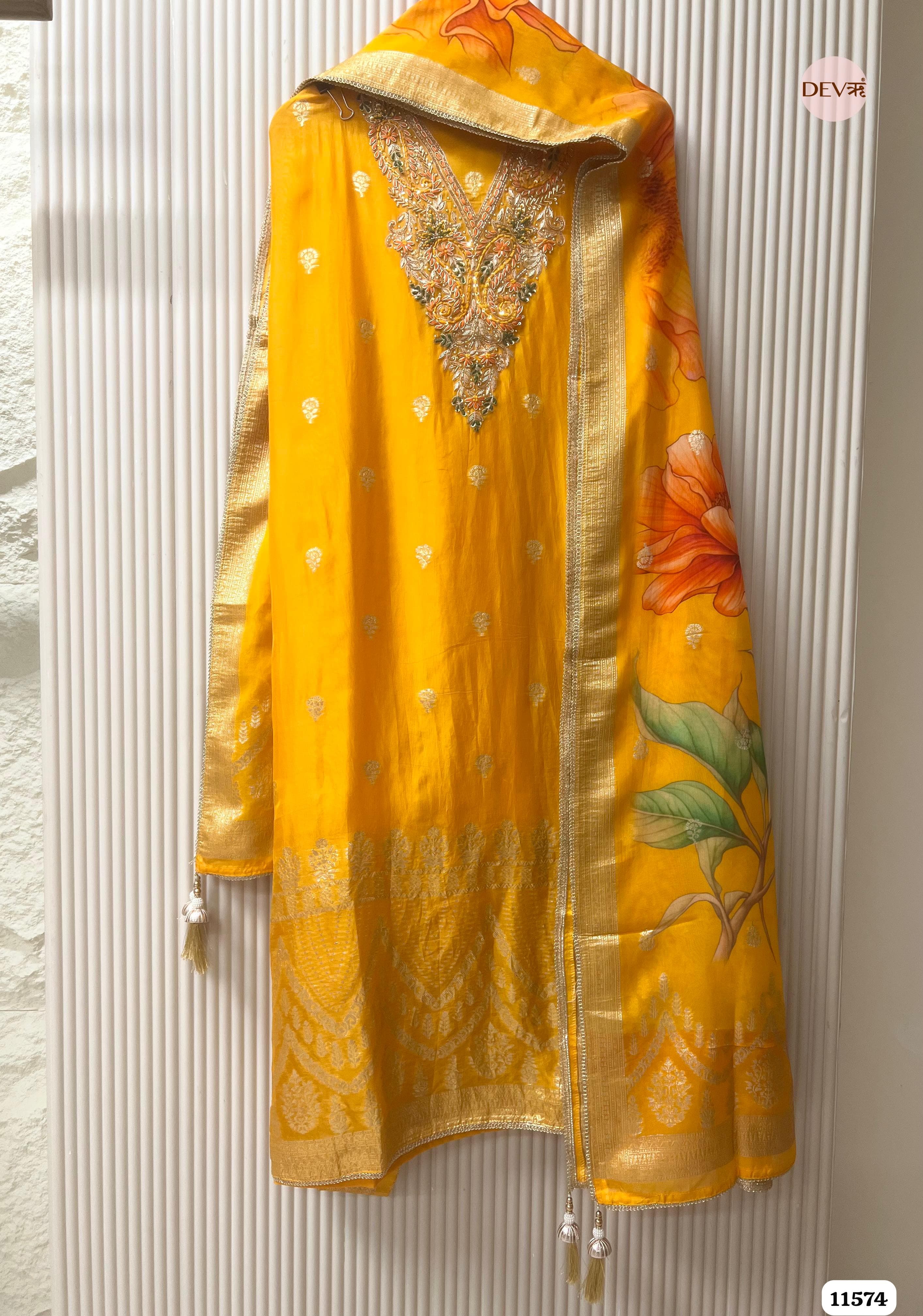Yellow Pure Organza Silk Unstitched Banarasi Woven Hand Embroidered -Set Of 3 {11574}