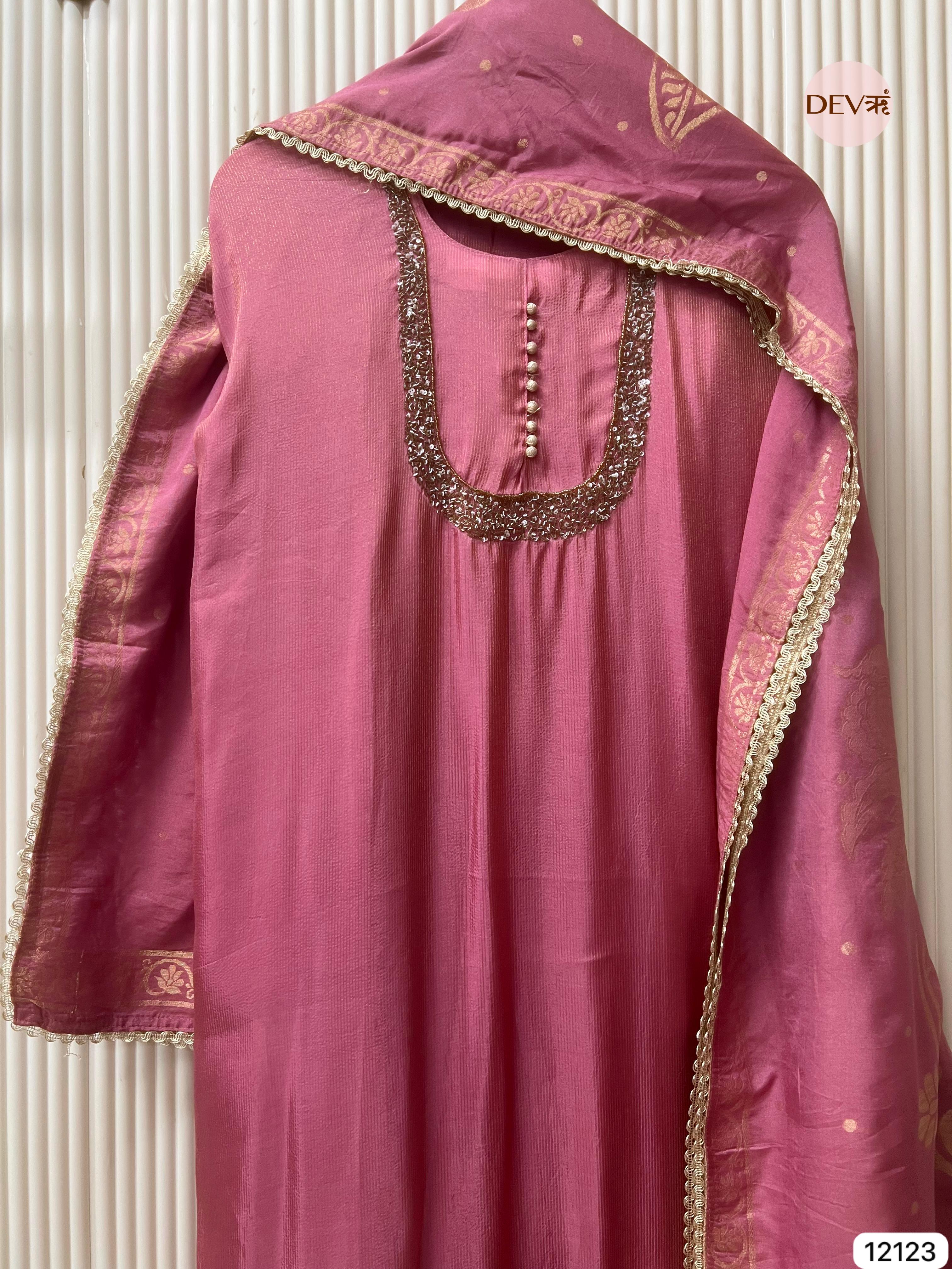 Pink Shimmer Silk Unstitched Hand Embroidered -Set Of 3 - {12123}