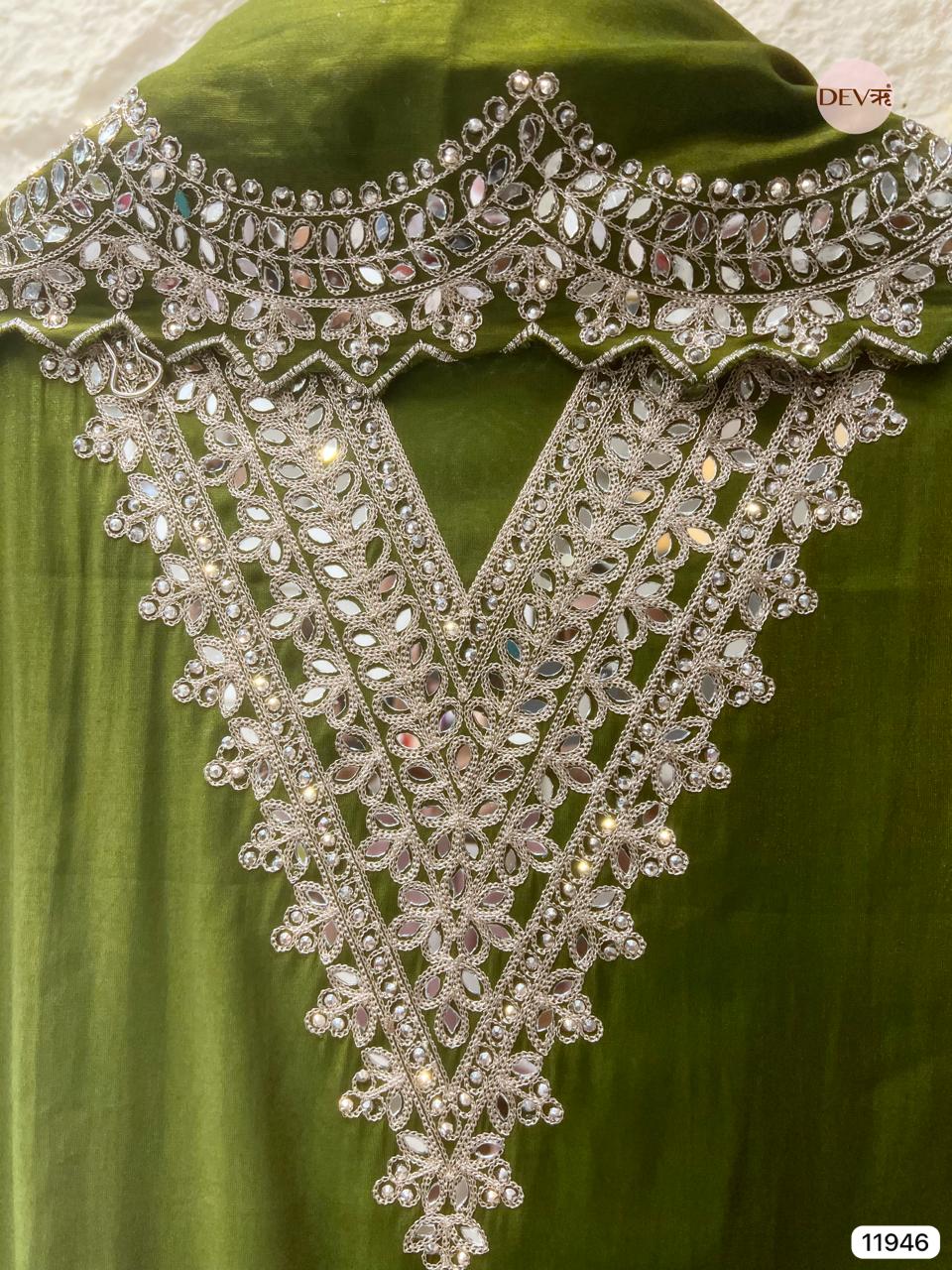 Green Modal Silk Unstitched Hand Embroidered -Set Of 3 - {11946}