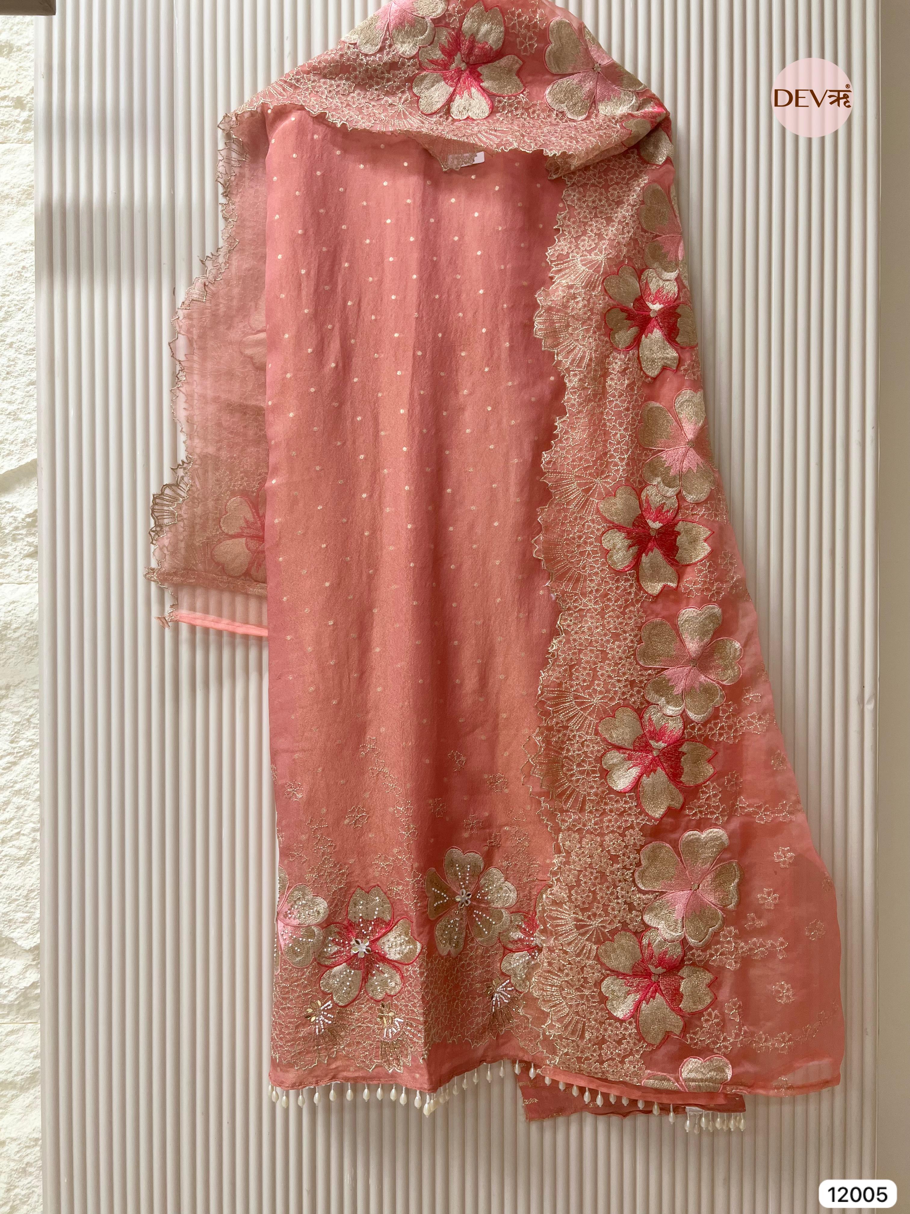Light Pink Tissue Shimmer Silk Unstitched Embroidered -Set Of 3 - {12005}