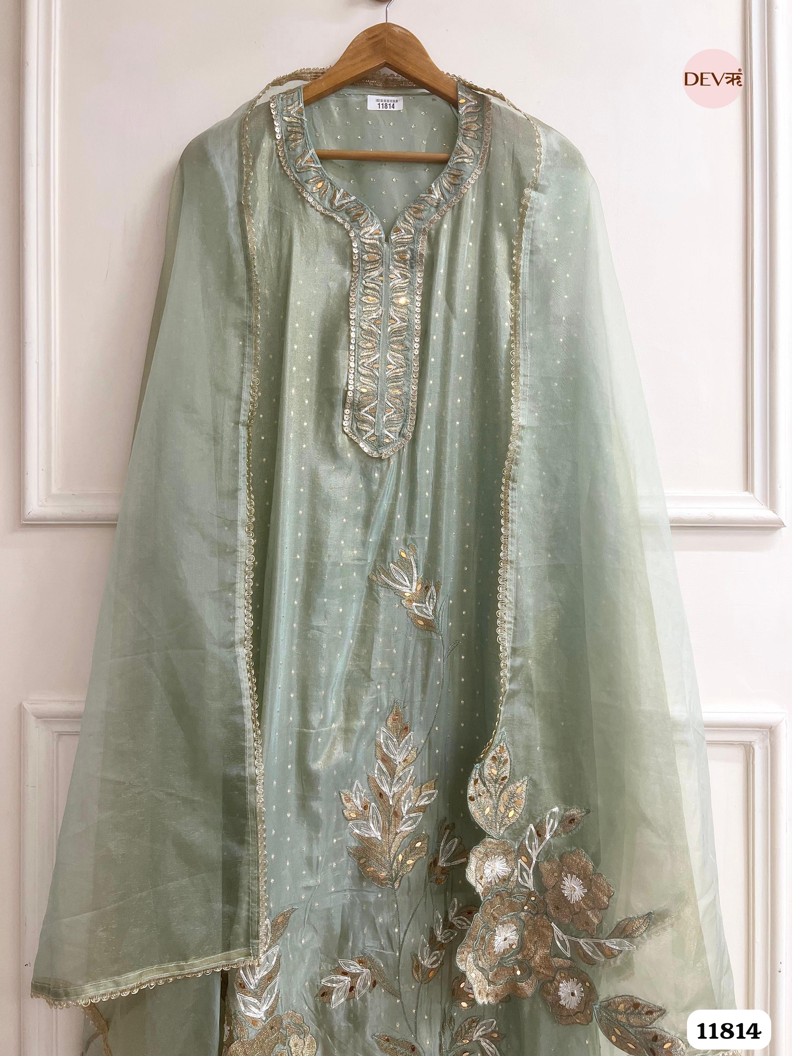 Green Tissue Silk Unstitched Embroidered -Set Of 3 {11814}