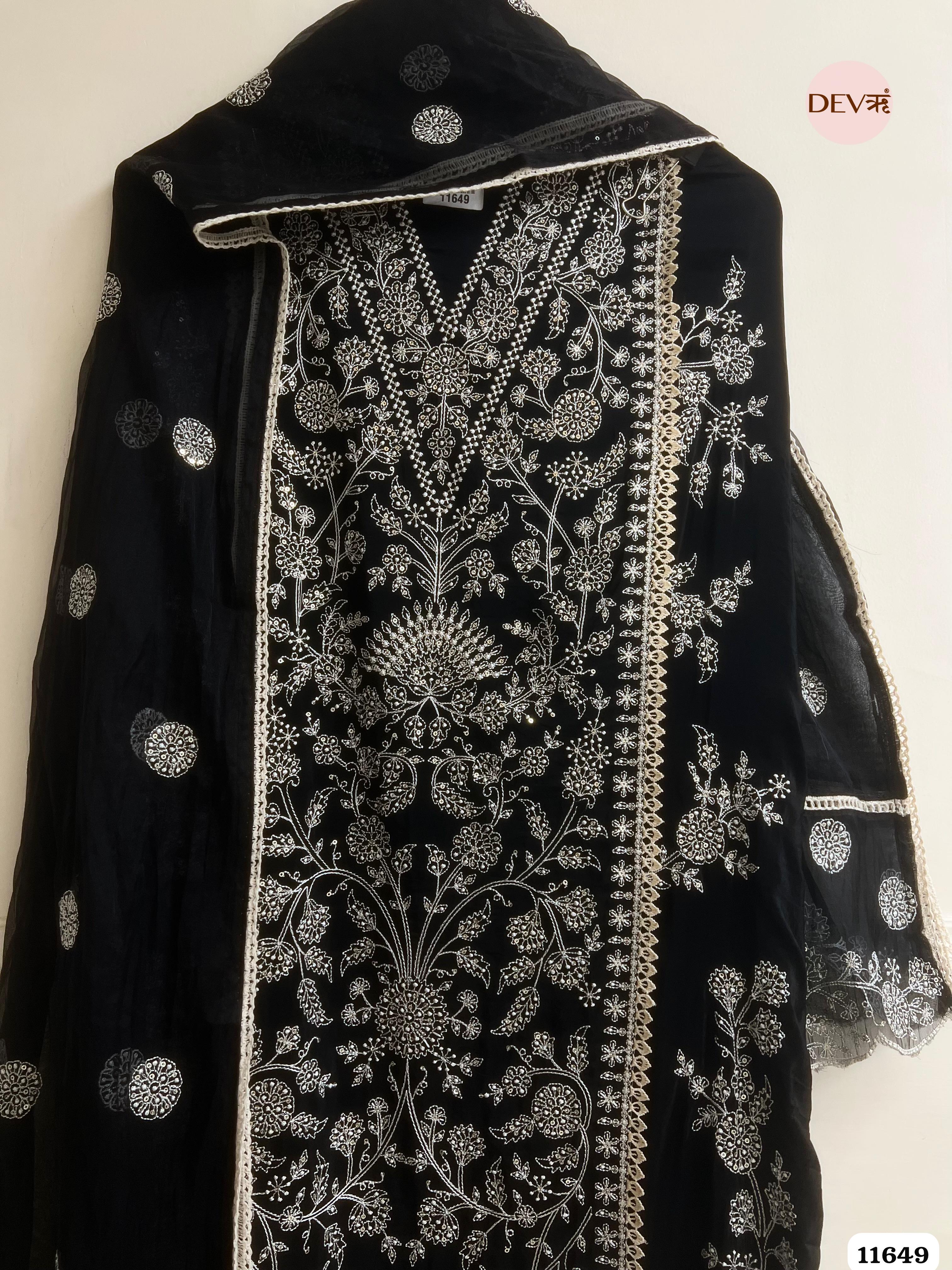 Black Pure Organza Unstitched Embroidered -Set Of 3 {11649}