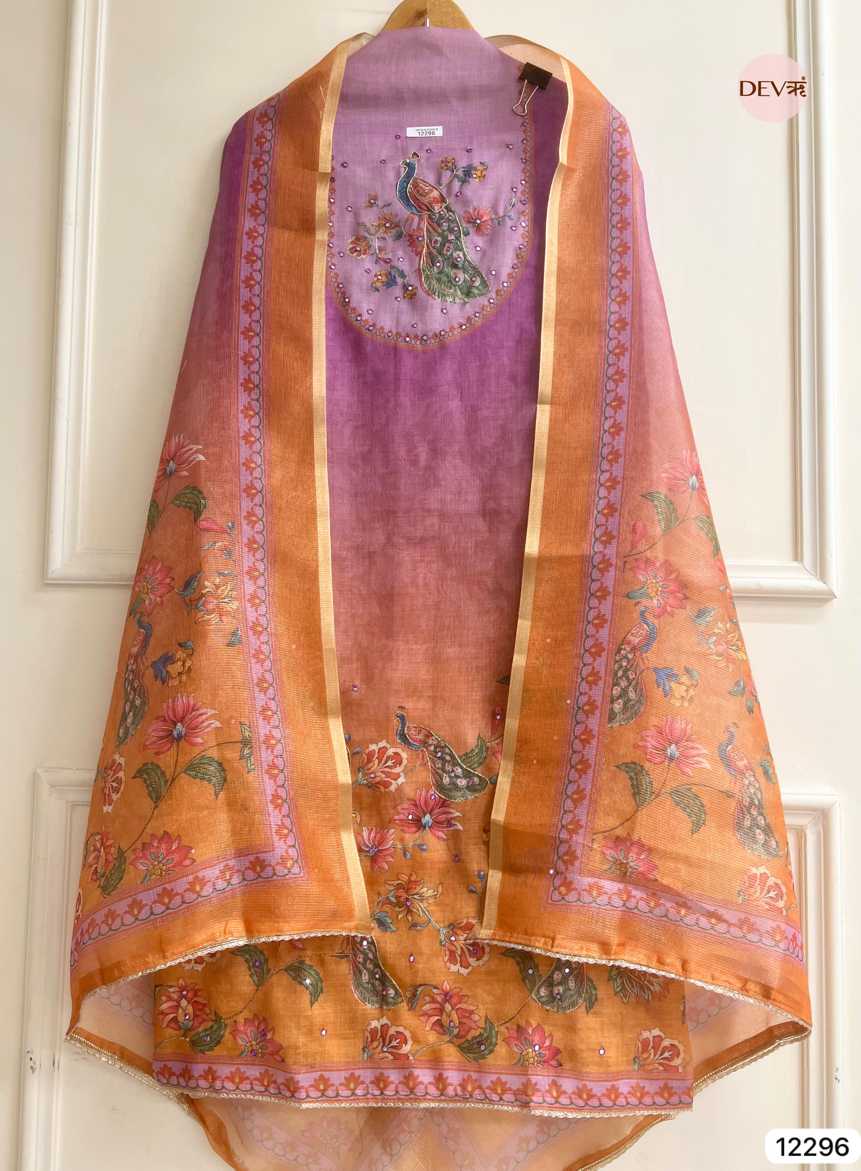 Lavender Peach Linen Printed Unstitched 3-Piece Suit (Devri – D.No 12296)