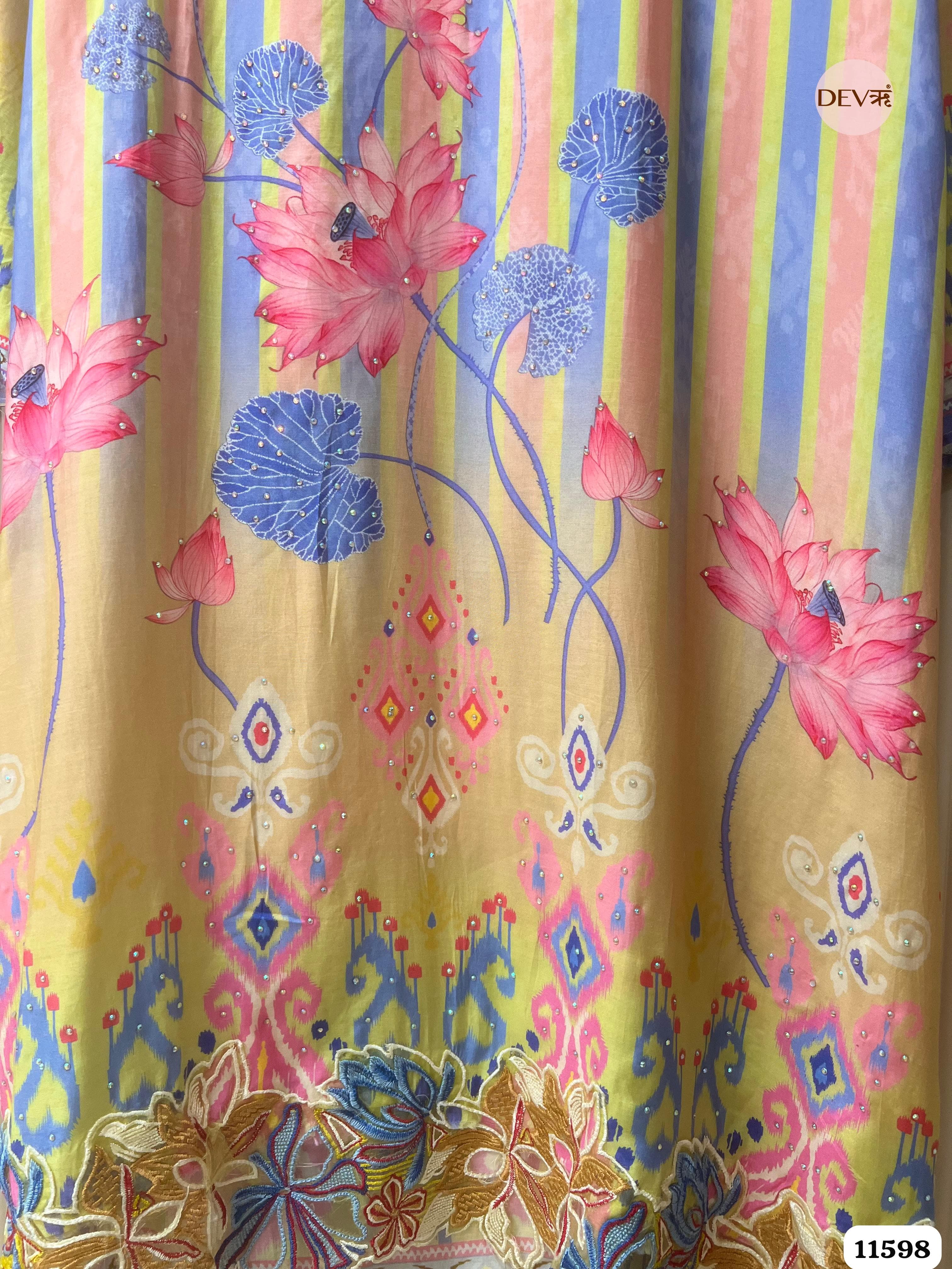 Multi-Colored Pure Muslin Semi Stitched Printed Embroidered -Set Of 3 {11598}