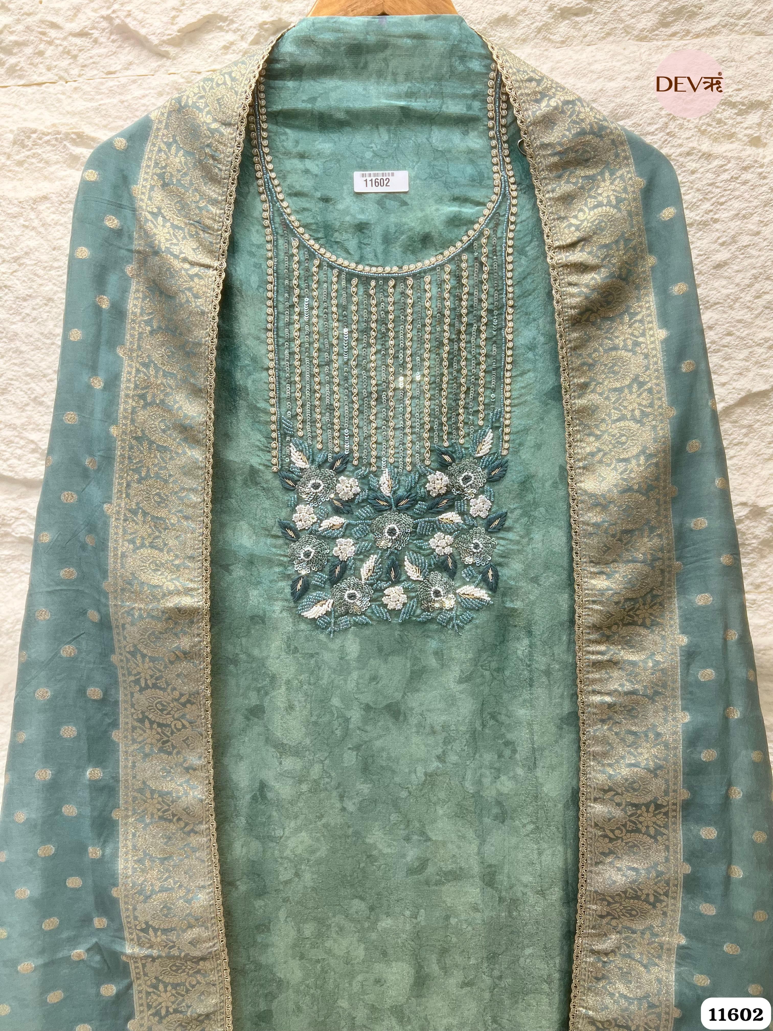 Sea Green Pure Tissue Silk Unstitched Hand Embroidered -Set Of 3 {11602}