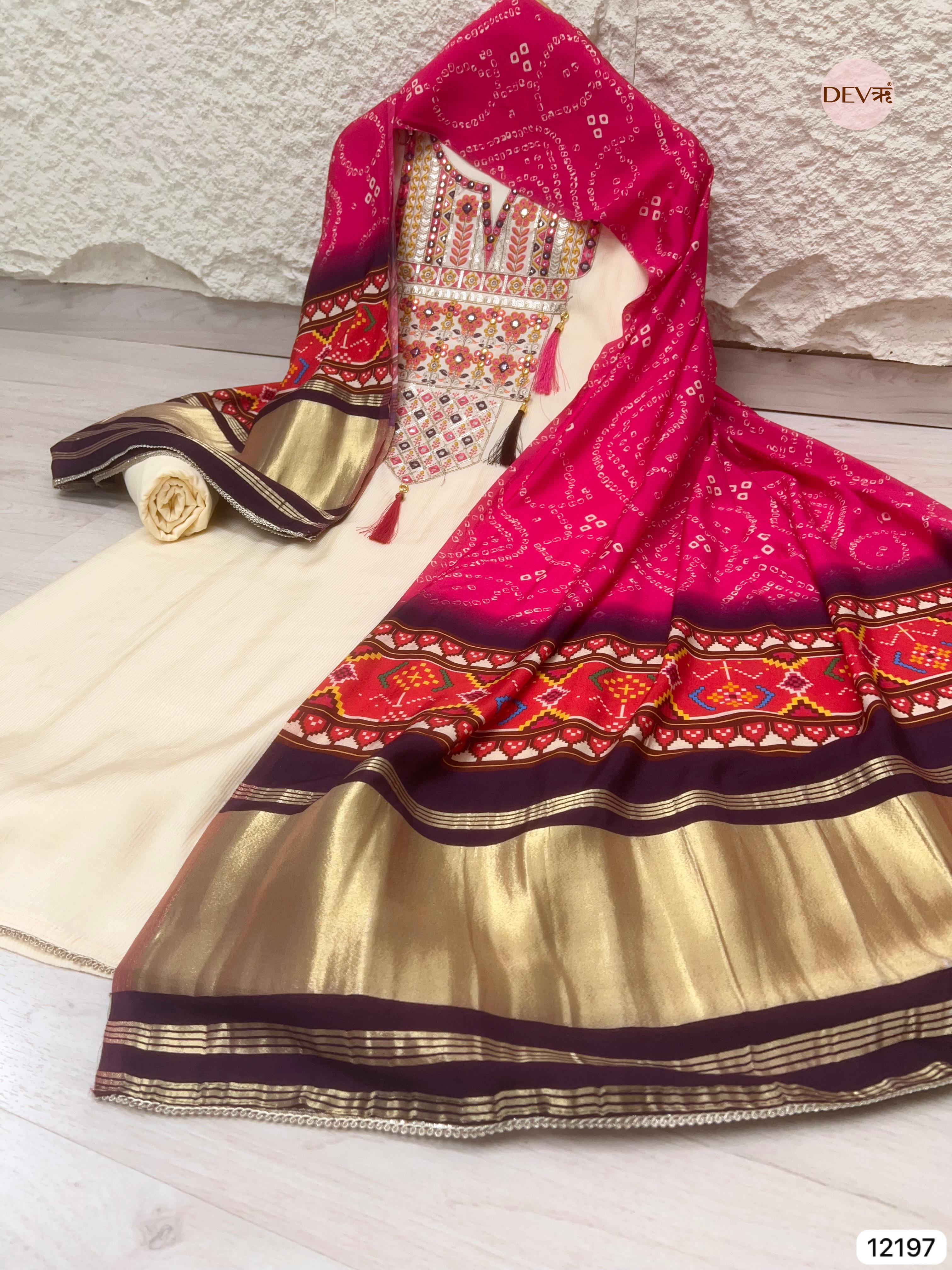 Off white Muslin Semi stitched Bandhani Print -Set Of 3 - {12197}