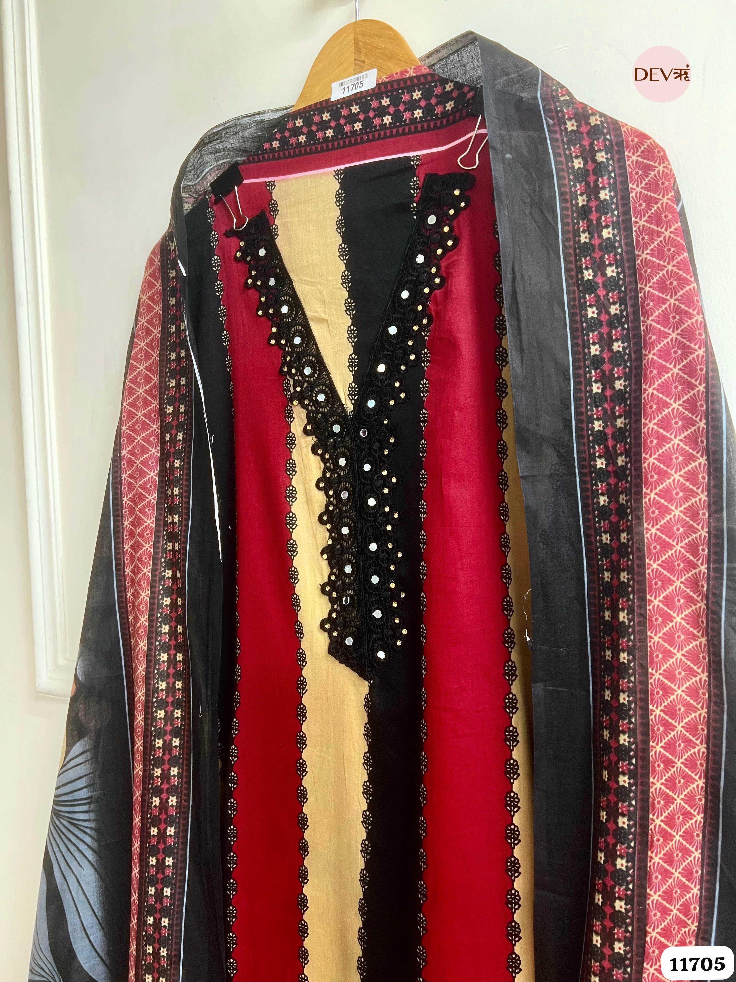 Multi Colour Cotton Unstitched Printed Embroidered -Set Of 3 {11705}