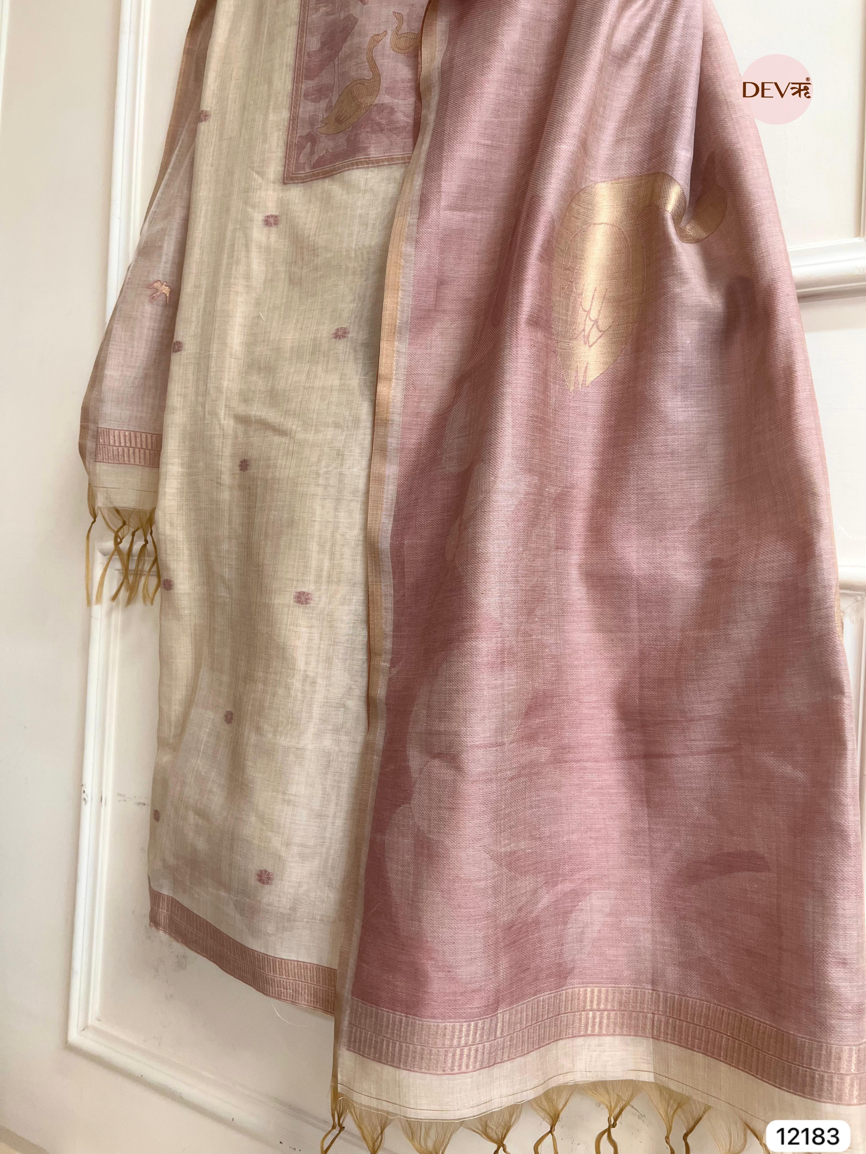 Off White Pure Jamdhani Silk Unstitched Banarasi Woven -Set Of 3 - {12183}