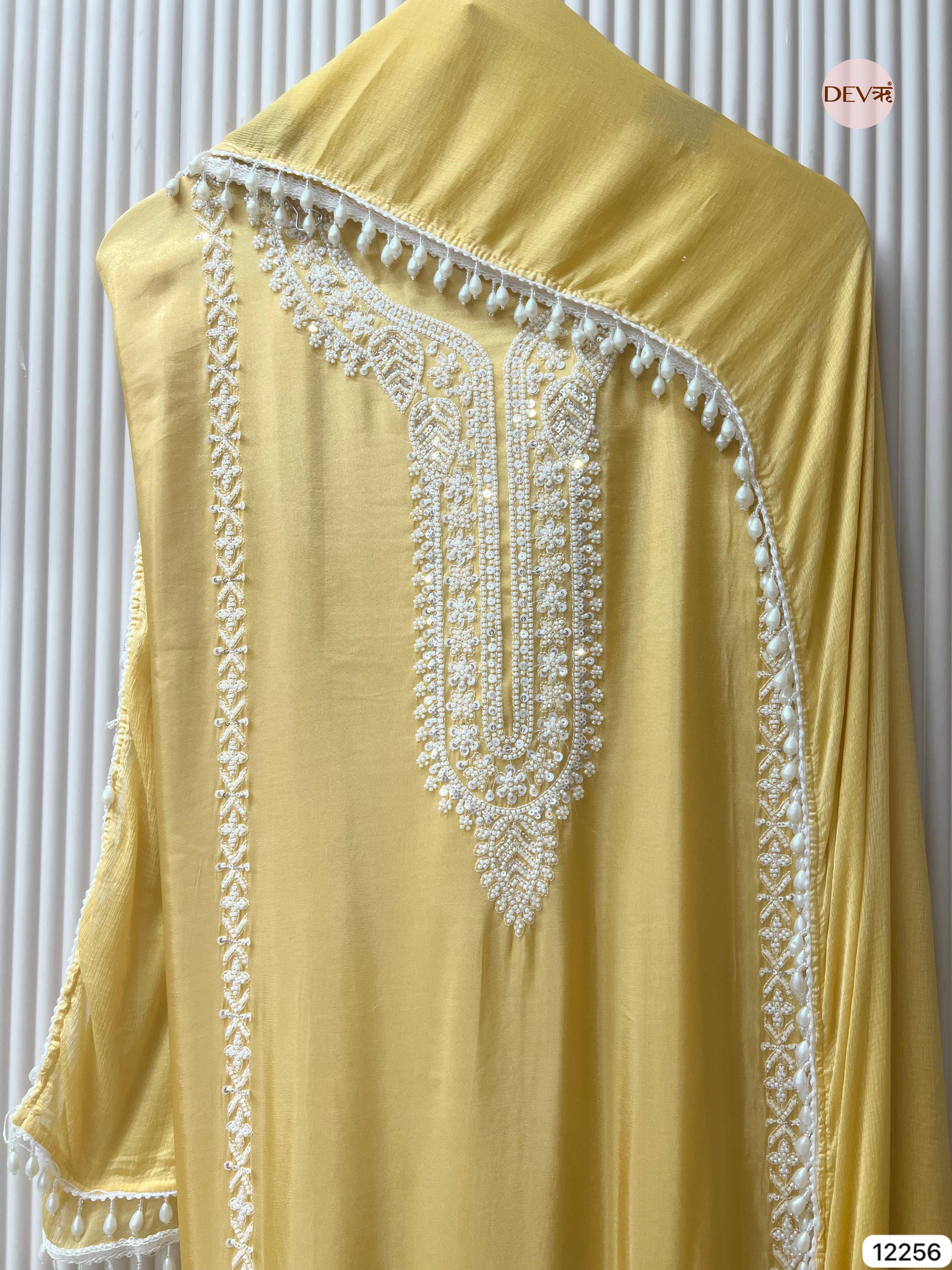Mustard Shimmer Silk Embroidered Unstitched 3-Piece Suit (Devri – D.No 12256)