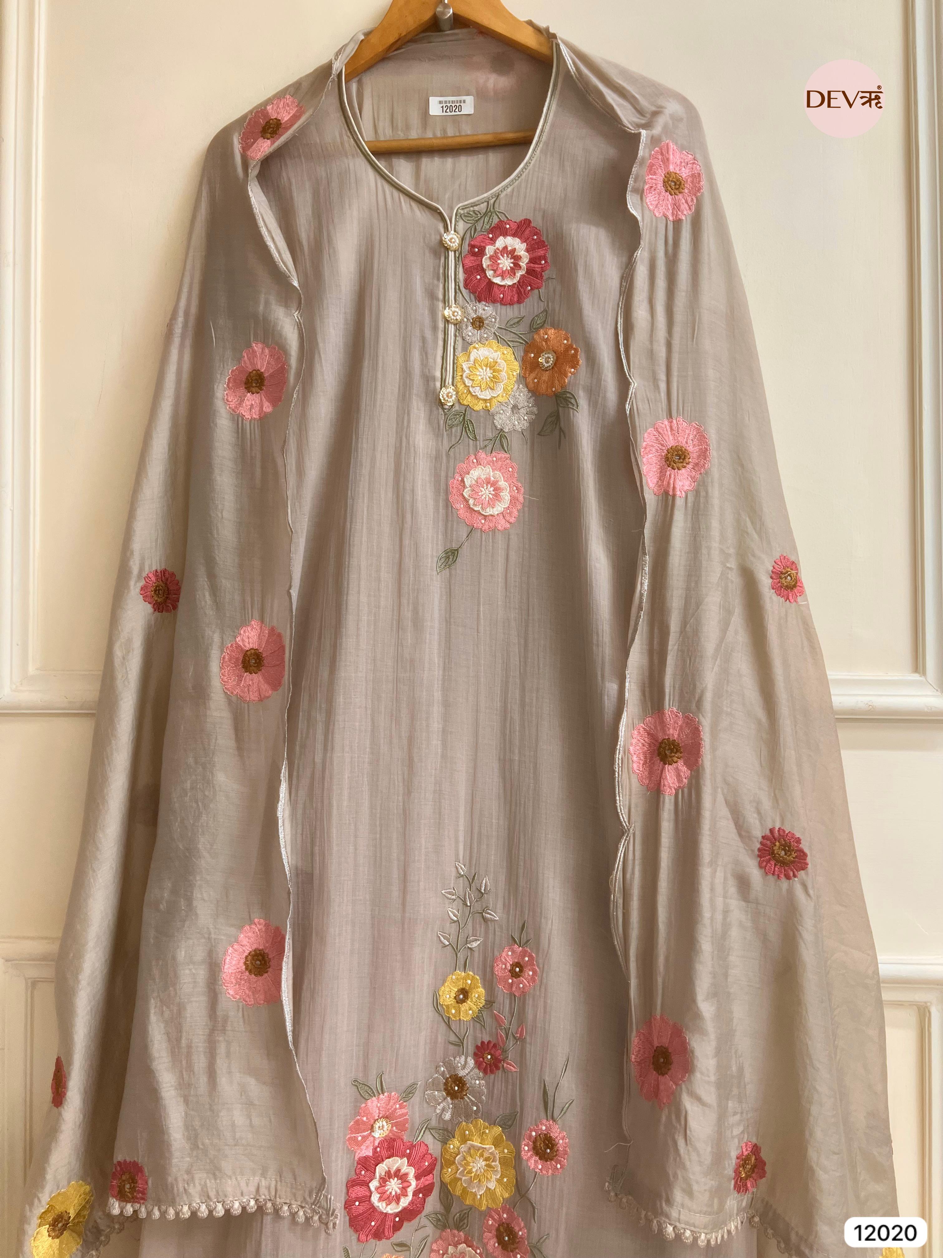 Brownish-Grey Pure Mul Chanderi Unstitched Embroidered -Set Of 3 - {12020}