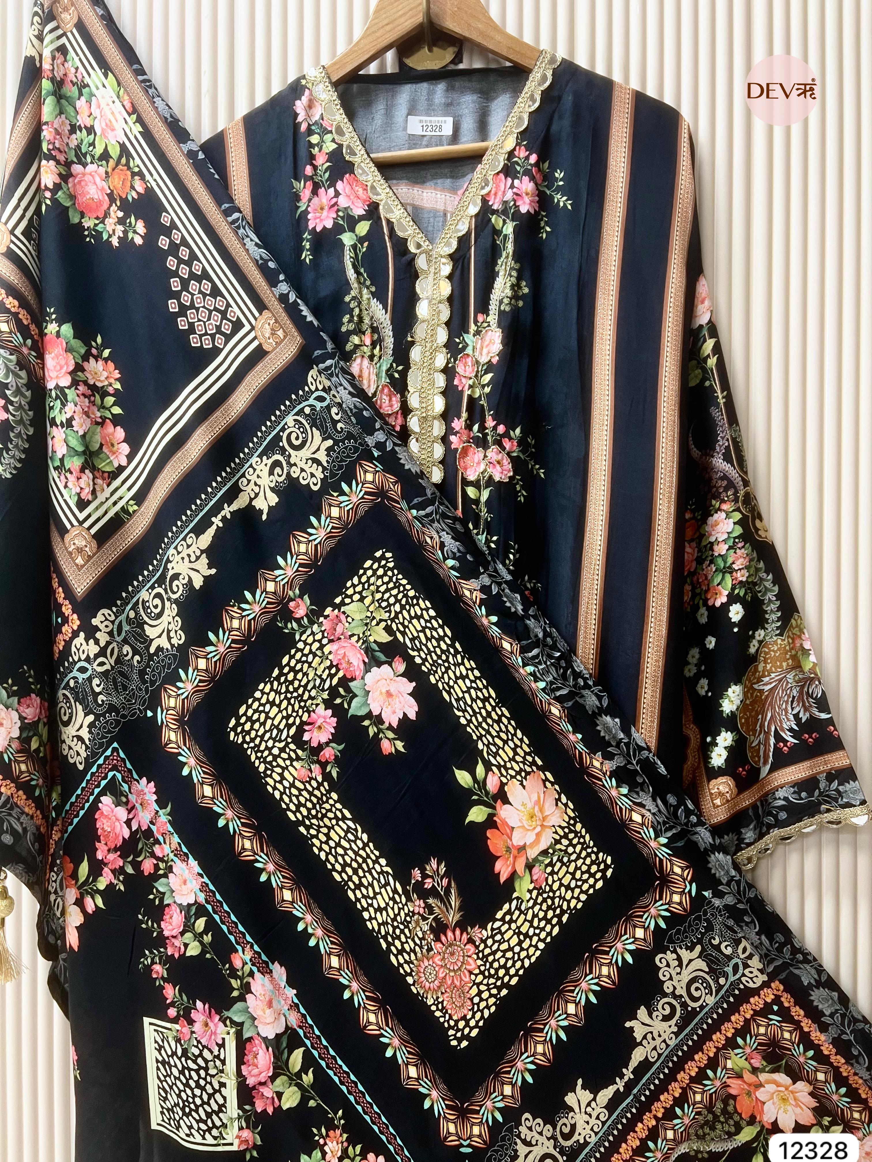 Deep Navy Muslin Printed Unstitched 3-Piece Suit (Devri – D.No 12328)