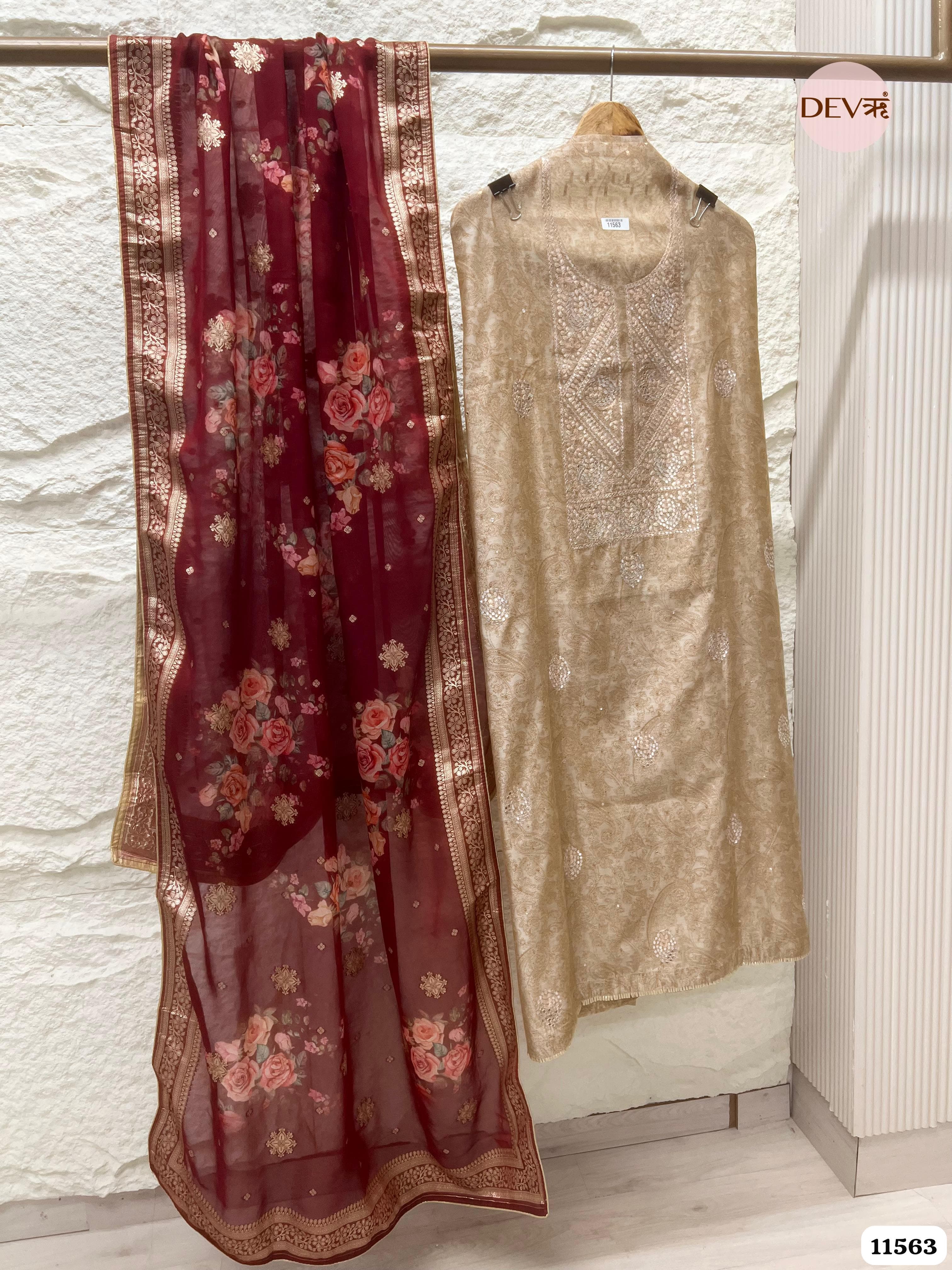 Cream Colour Pure Organza Silk Printed Unstitched Hand Embroidered -Set Of 3 {11563}