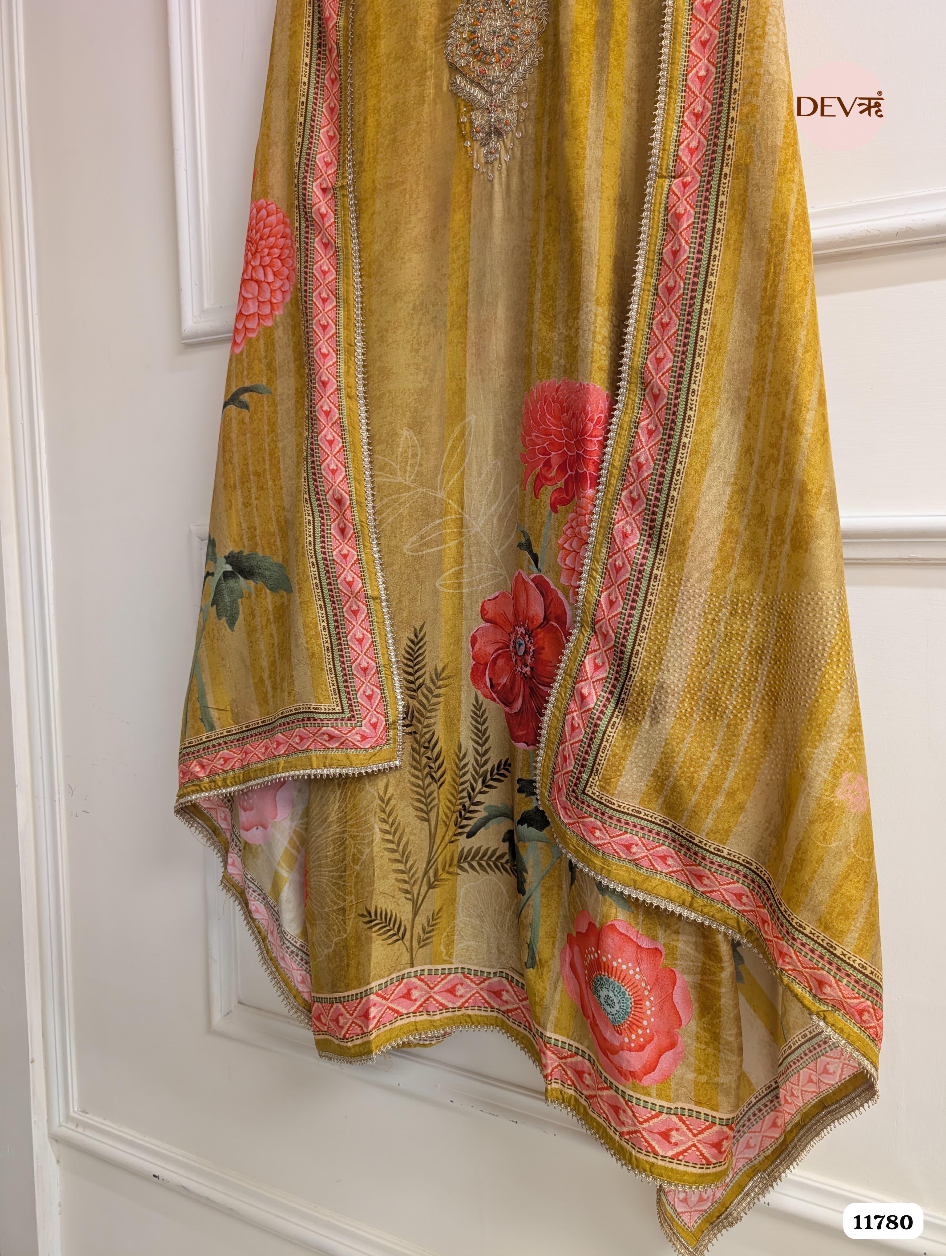 Yellow Russian Silk Printed Unstitched Hand Embroidered -Set Of 3 {11780}