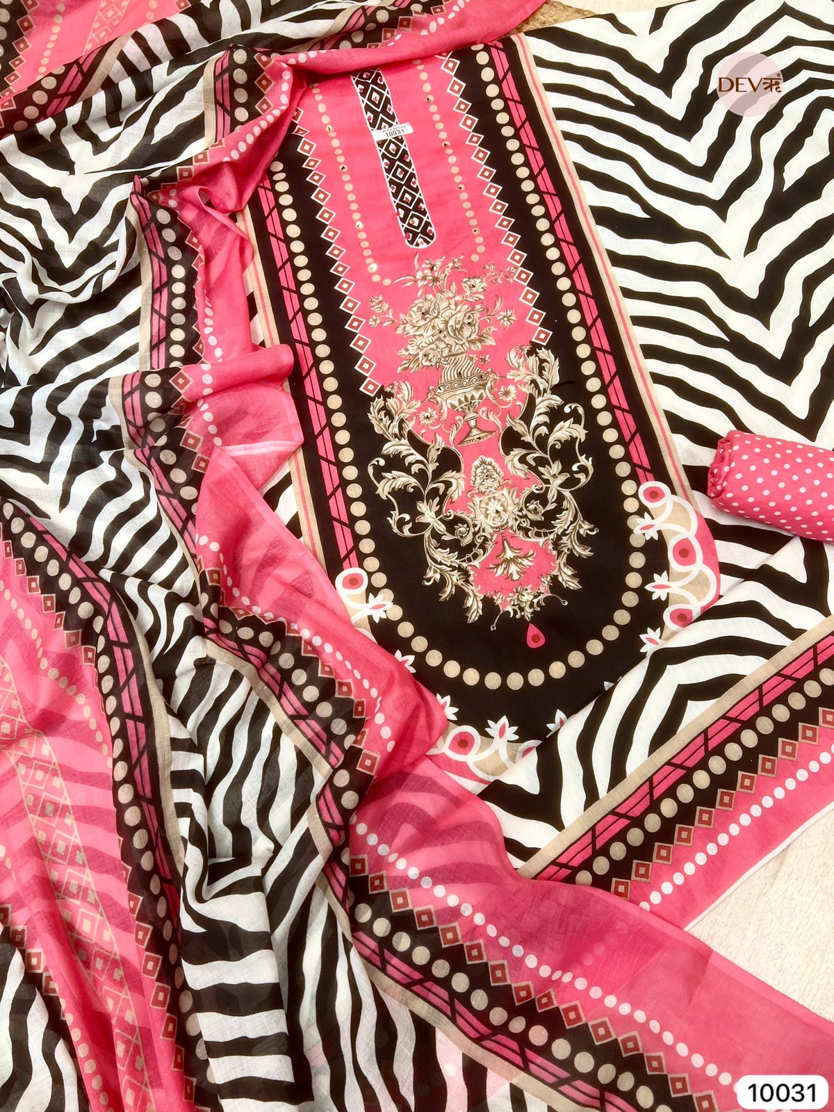 Pink Cotton Printed Unstitched -Set Of 3 - {10031}