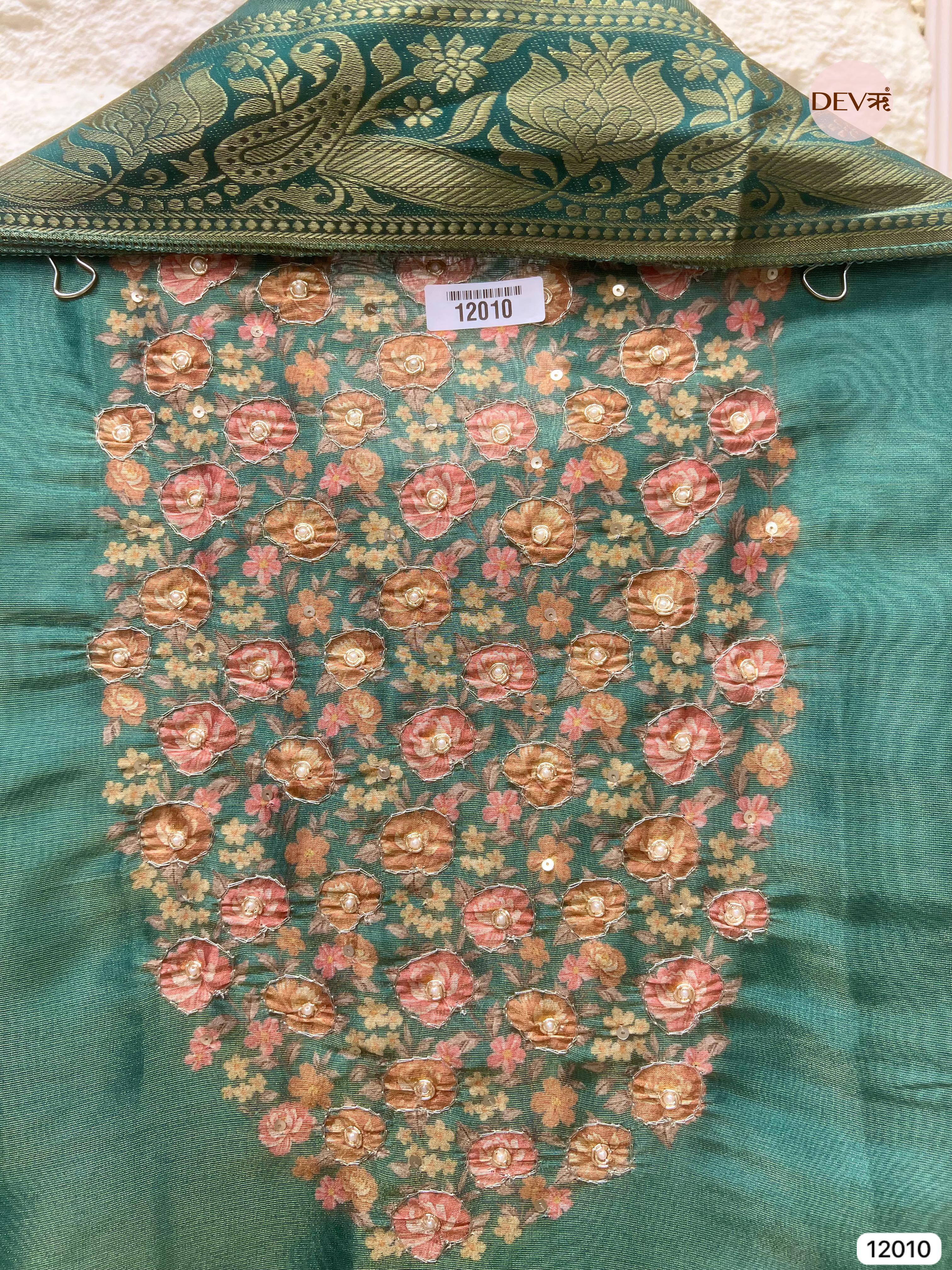 Green Tissue Silk Unstitched Printed Hand Embroidered -Set Of 3- {12010}