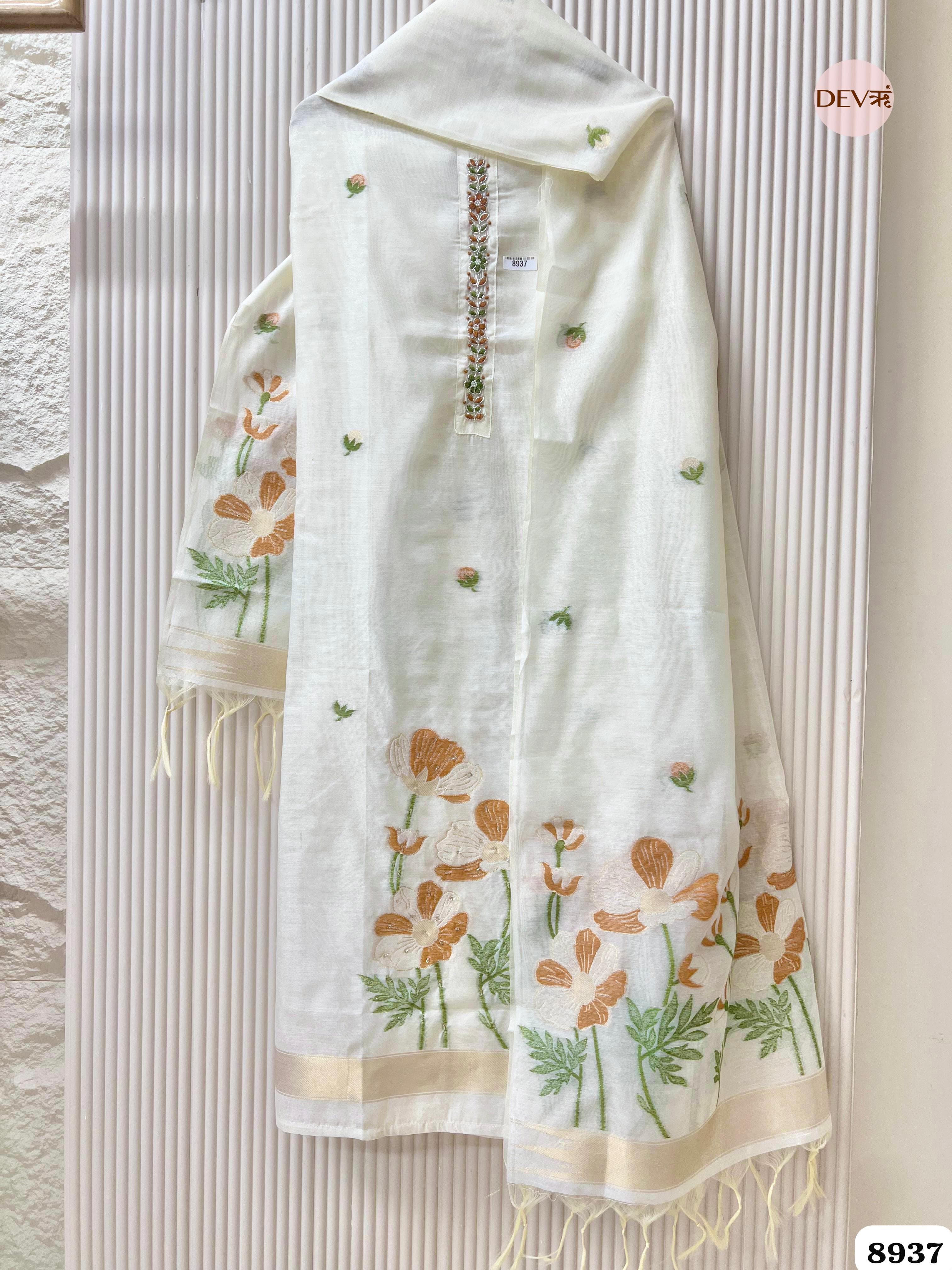 White Jamdani Unstitched Woven Hand Embroidered -Set Of 3