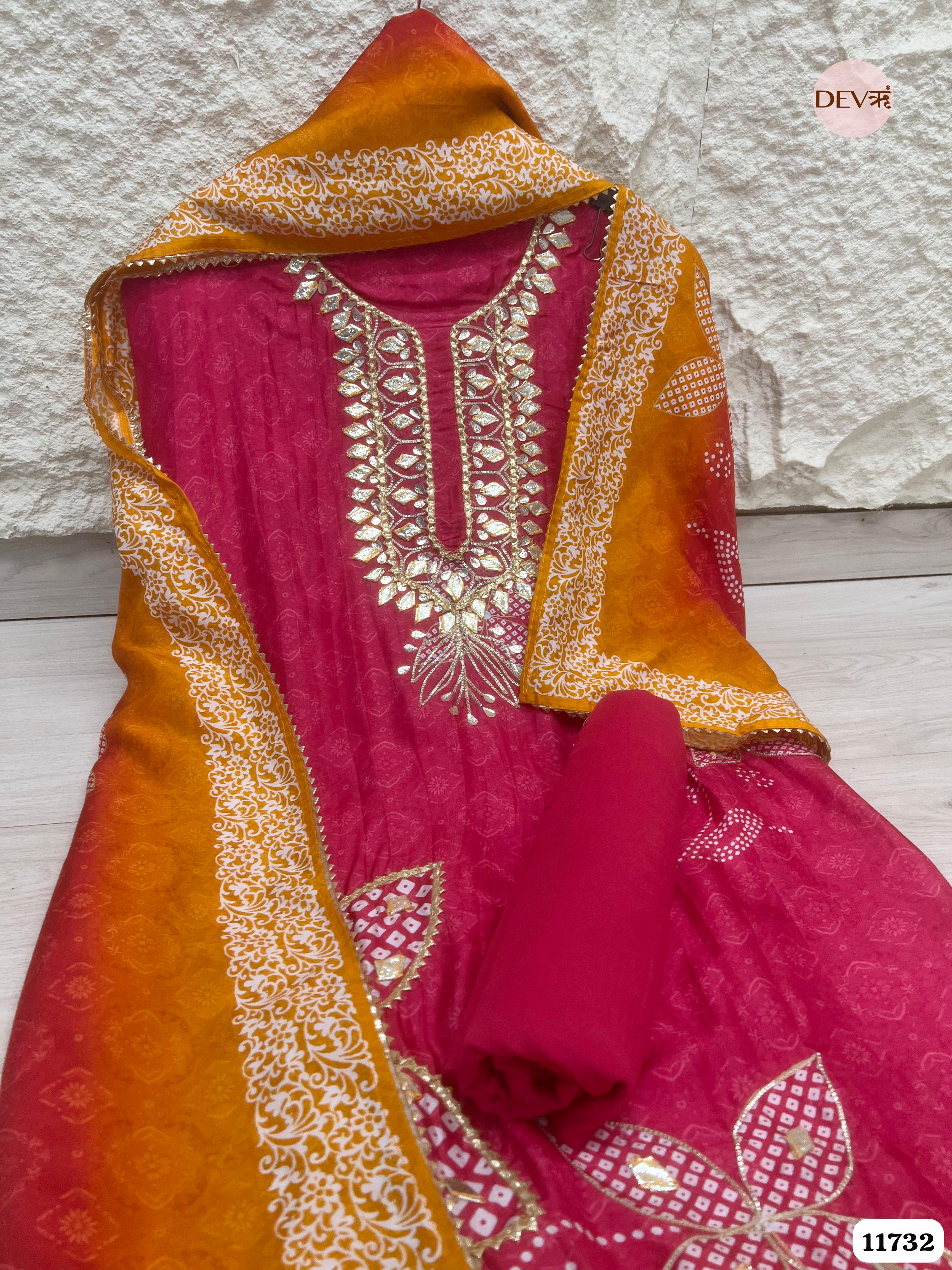 Rani Pink Russian Silk Semi Stitched Printed Hand Embroidered -Set Of 3- {11732}