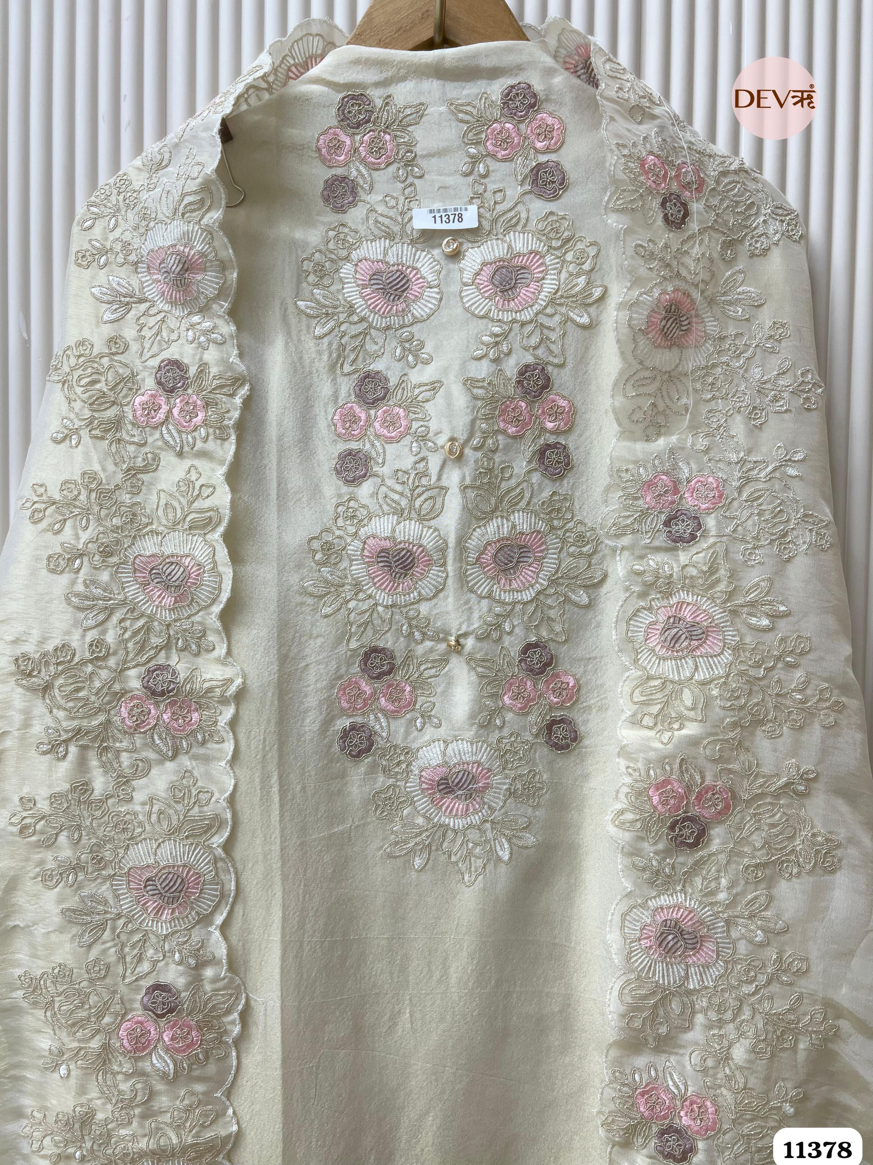 White Tissue Silk Unstitched Embroidered -Set Of 3 {11378}