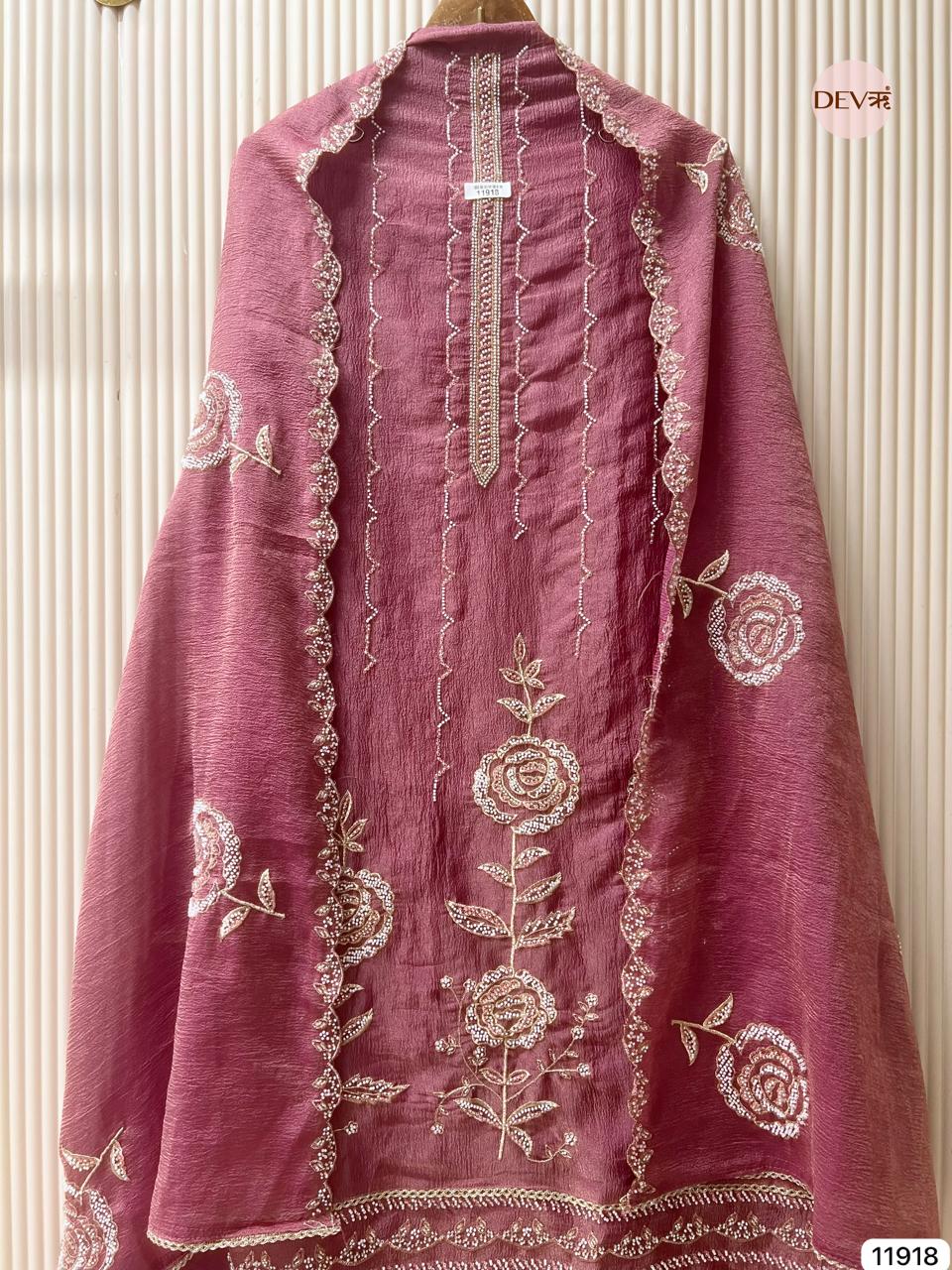 Purple Pure Tissue Crush Unstitched Hand Embroidered -Set Of 3 - {11918}