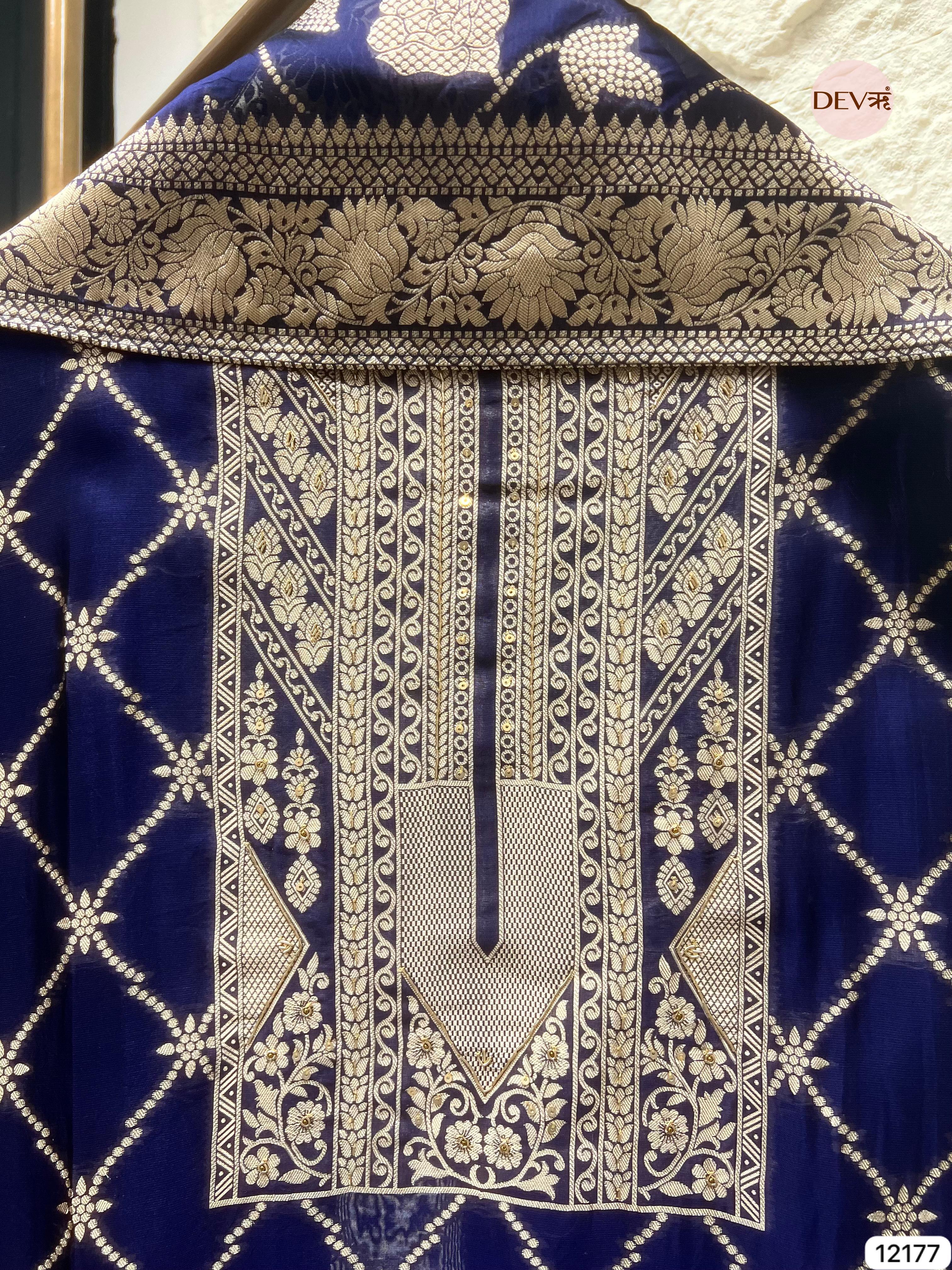 Blue Pure Banarasi Silk Unstitched Hand embroidered- Set of 3 - {12177}
