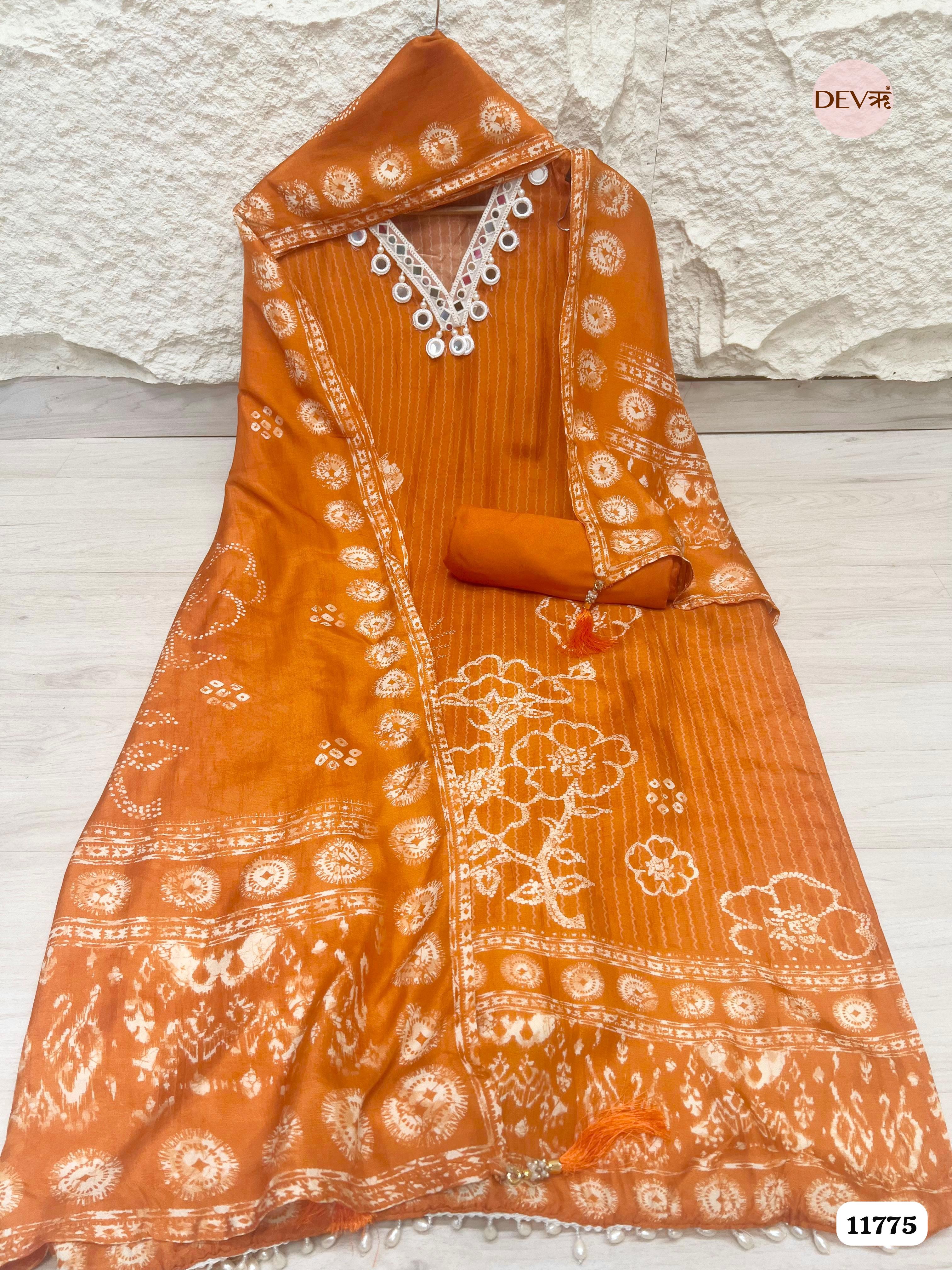 Orange Russian Silk Unstitched Printed Hand Embroidered -Set Of 3 {11775}
