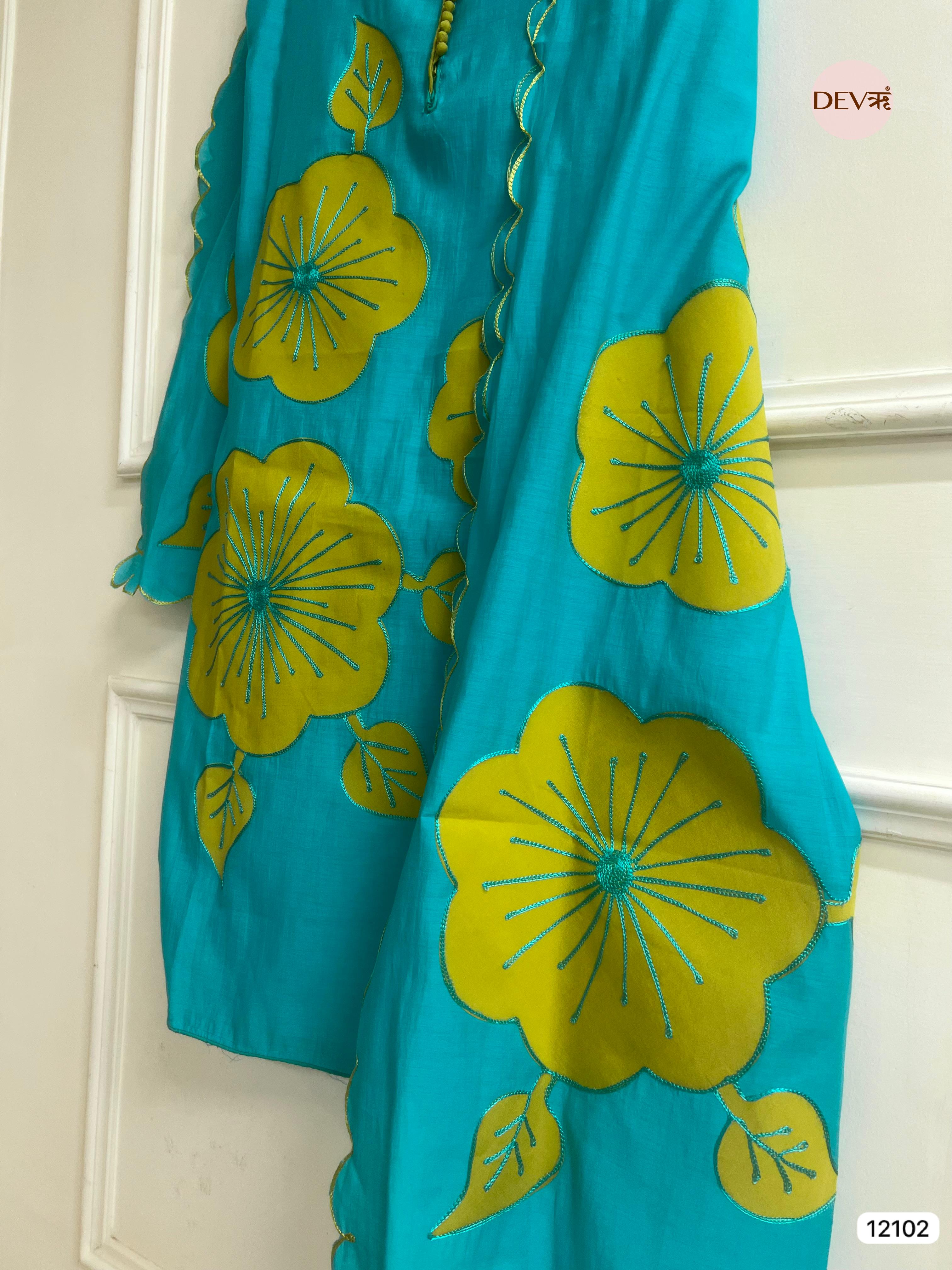 Blue Modal Silk Unstitched Applique Embroidered -Set Of 3 - {12102}