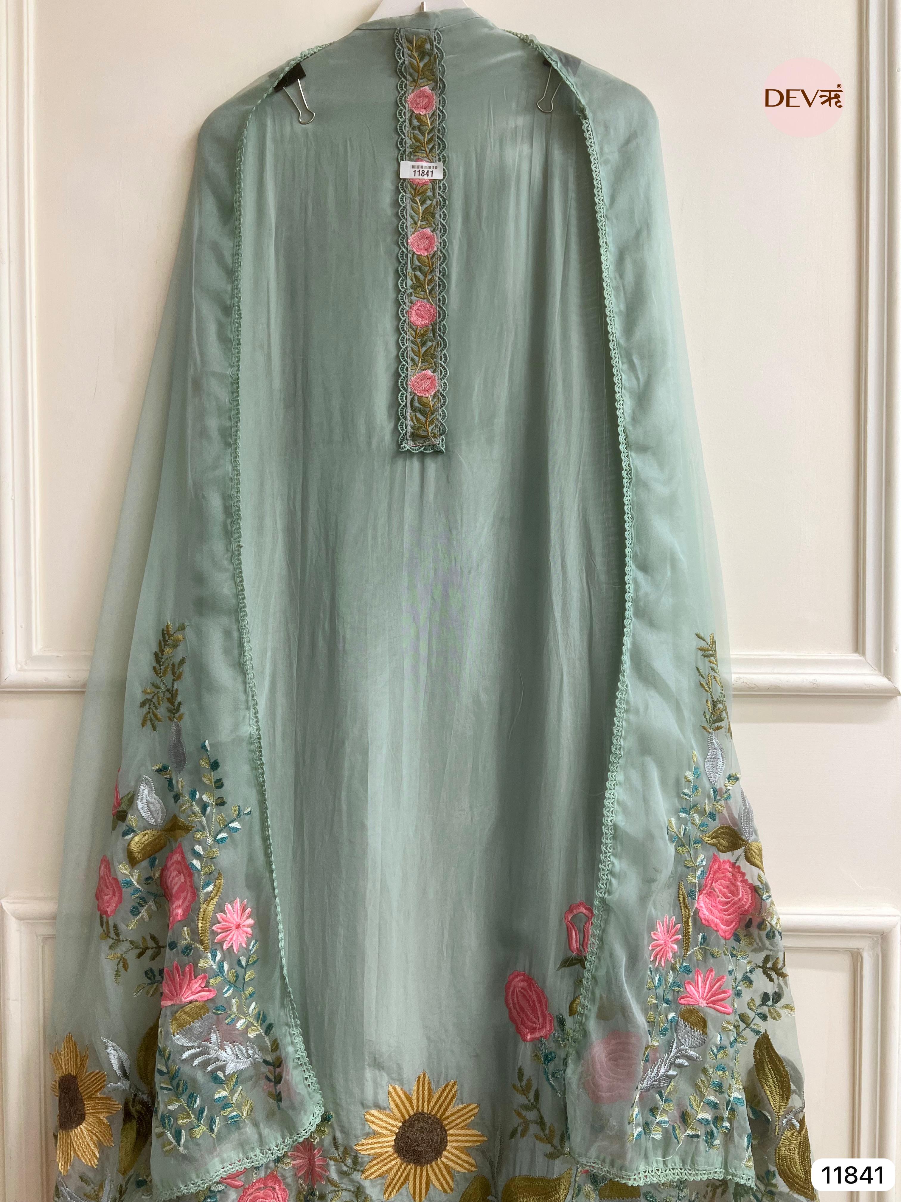 Green Organza silk unstitched embroidered -Set Of 3- {11841}