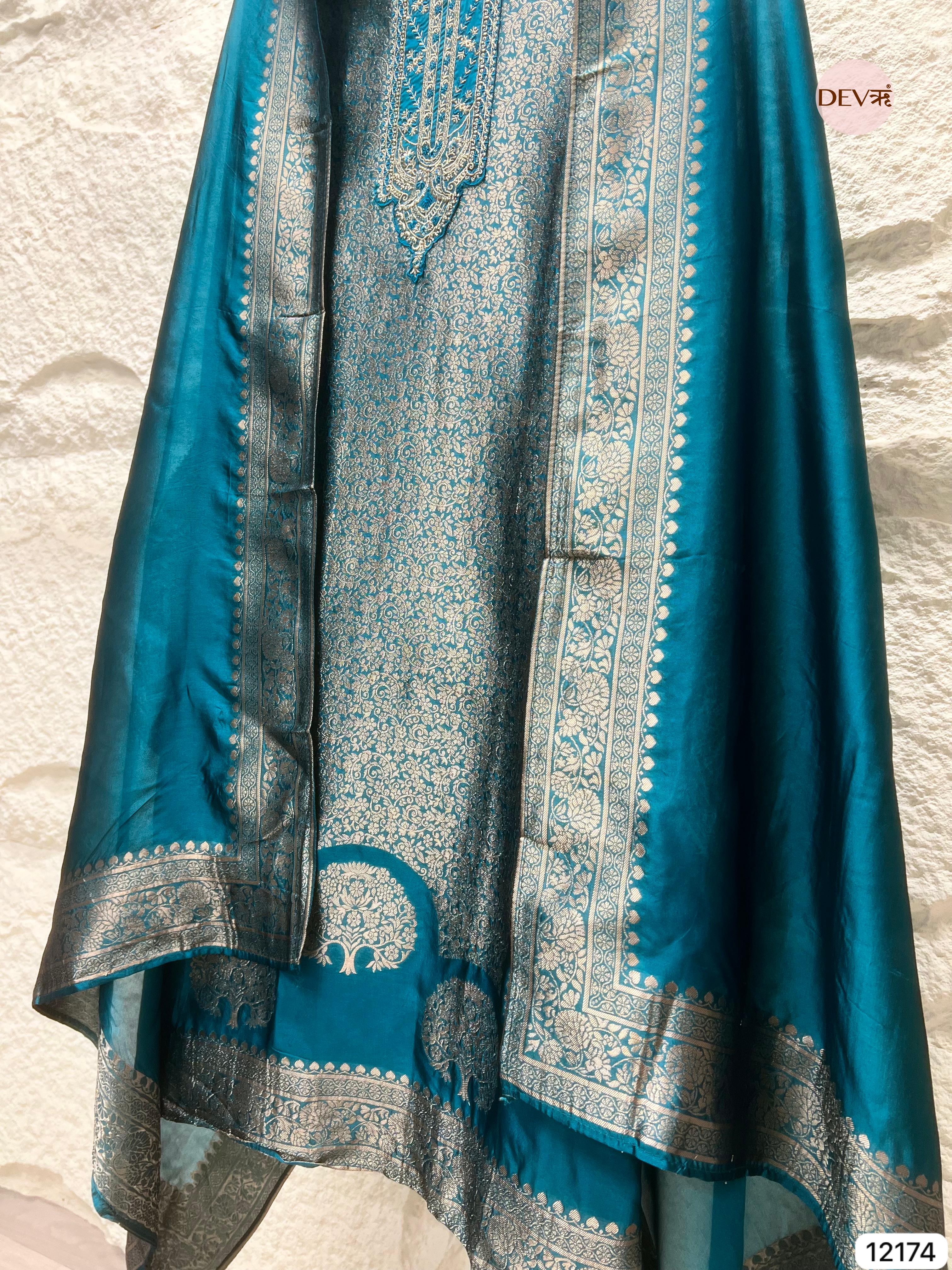 peacock Blue Pure Banarasi silk Unstitched Hand Embroidered -Set Of 3 - {12174}