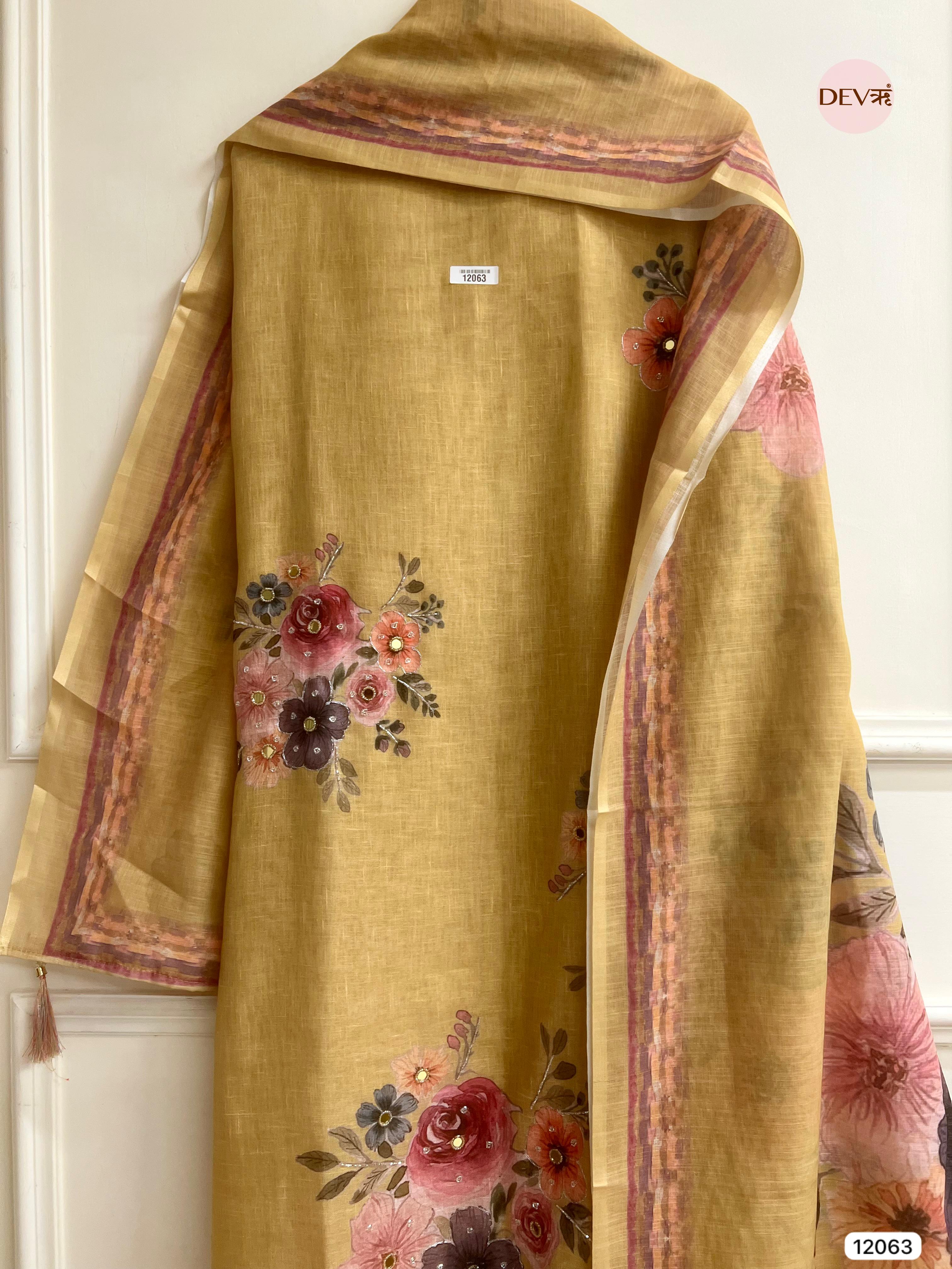 Golden Yellow Linen Printed Unstitched Hand Embroidered -Set Of - {12063}