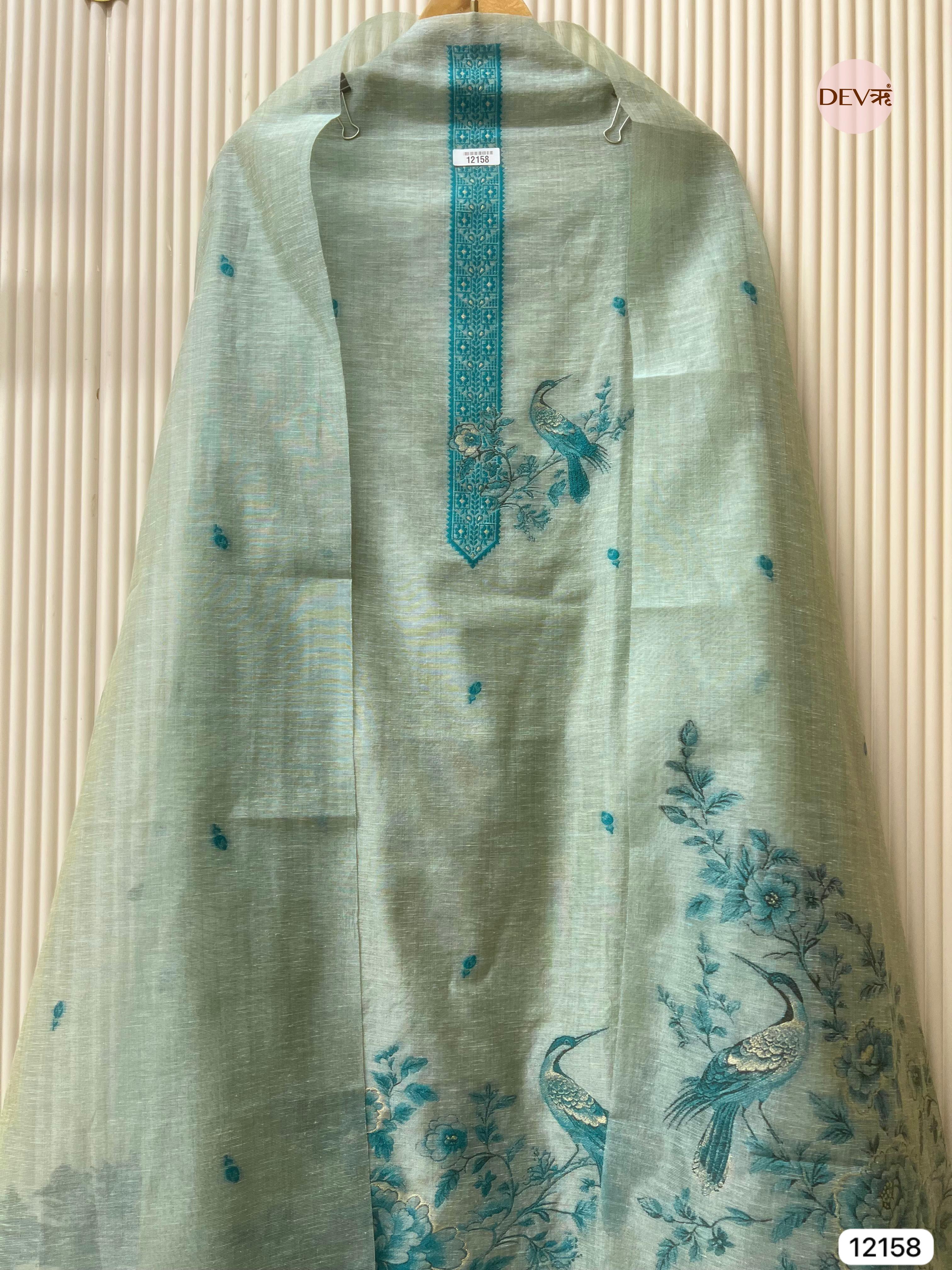 {12158} Green Jamdani Linen Unstitched - Set Of 3