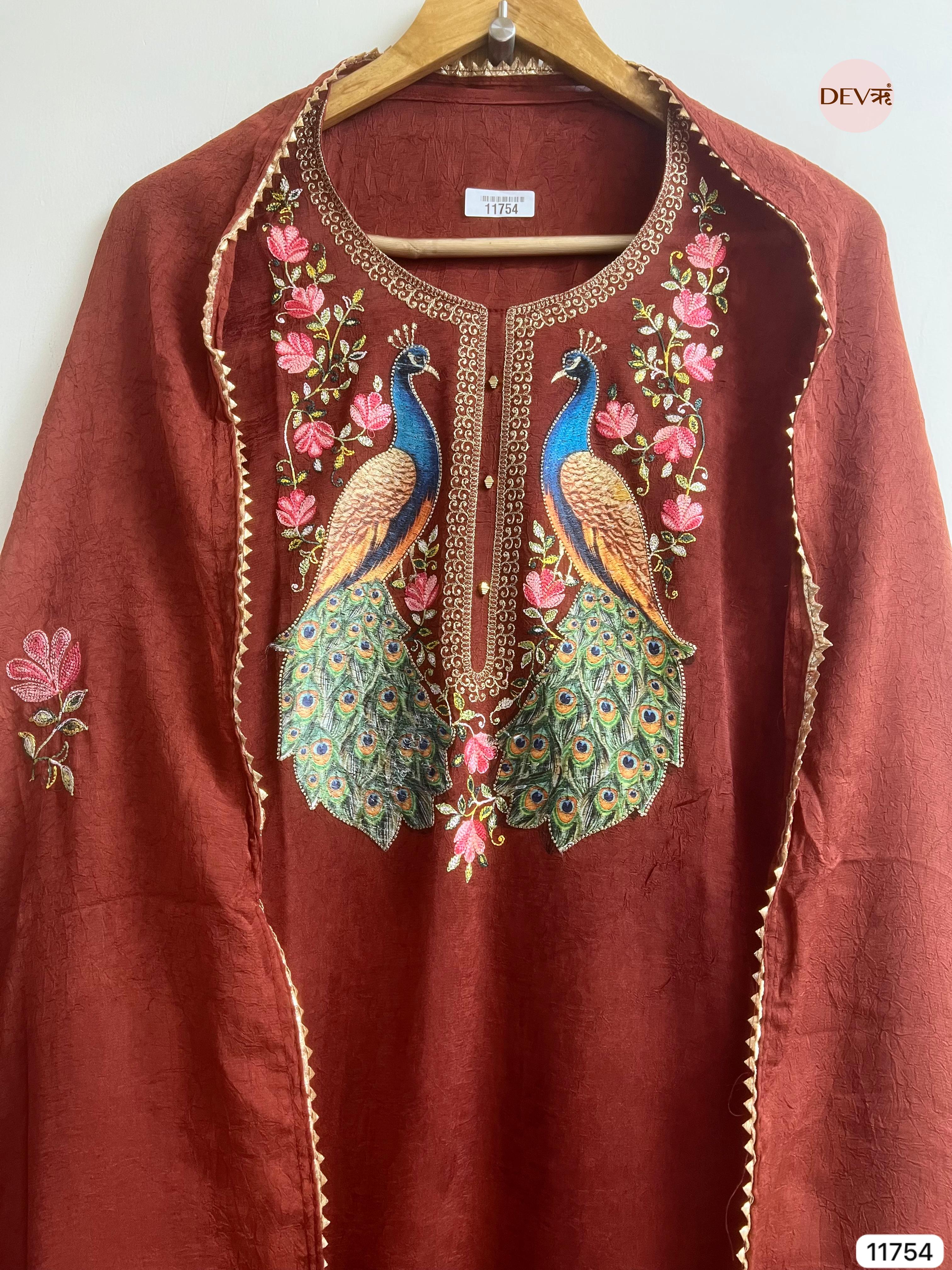 Maroon Russian Silk Unstitched Hand Applique Work Embroidered -Set Of 3 - {11754}