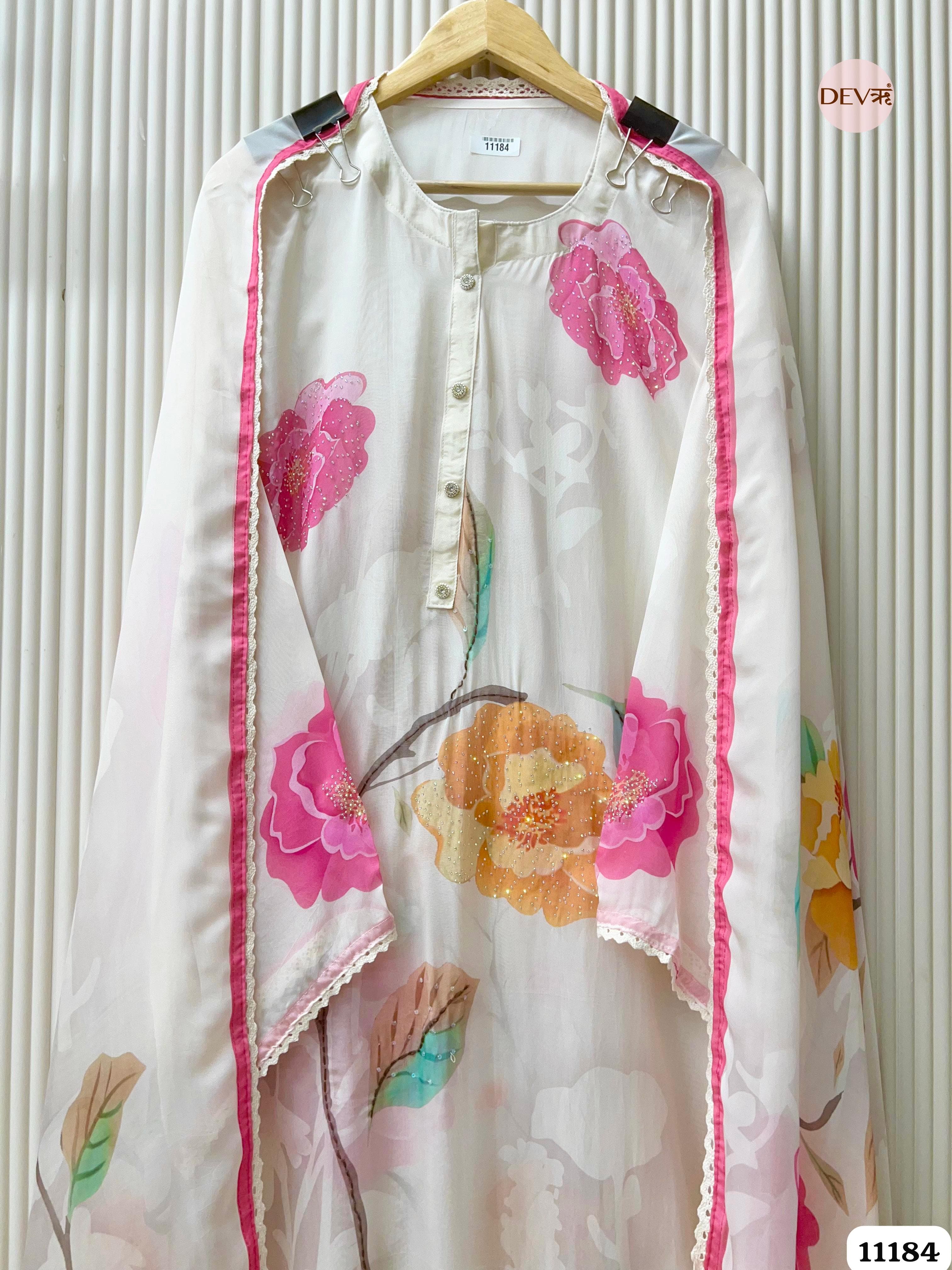 White Organza Printed Semi Stitched -Set Of 3 {11184}
