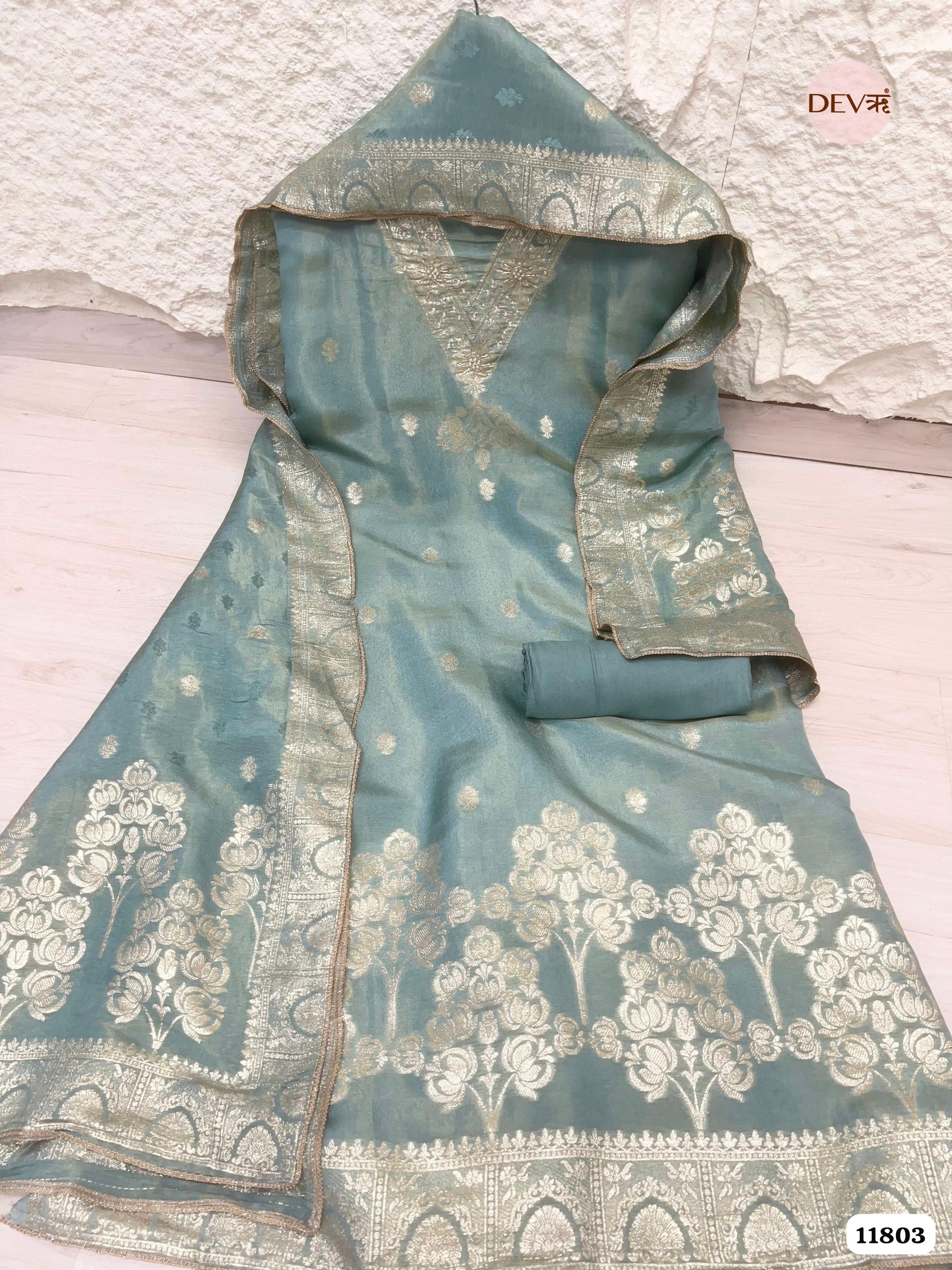 Green Tissue Silk Unstitched Banarasi Weave Hand Embroidered -Set Of 3 {11803}