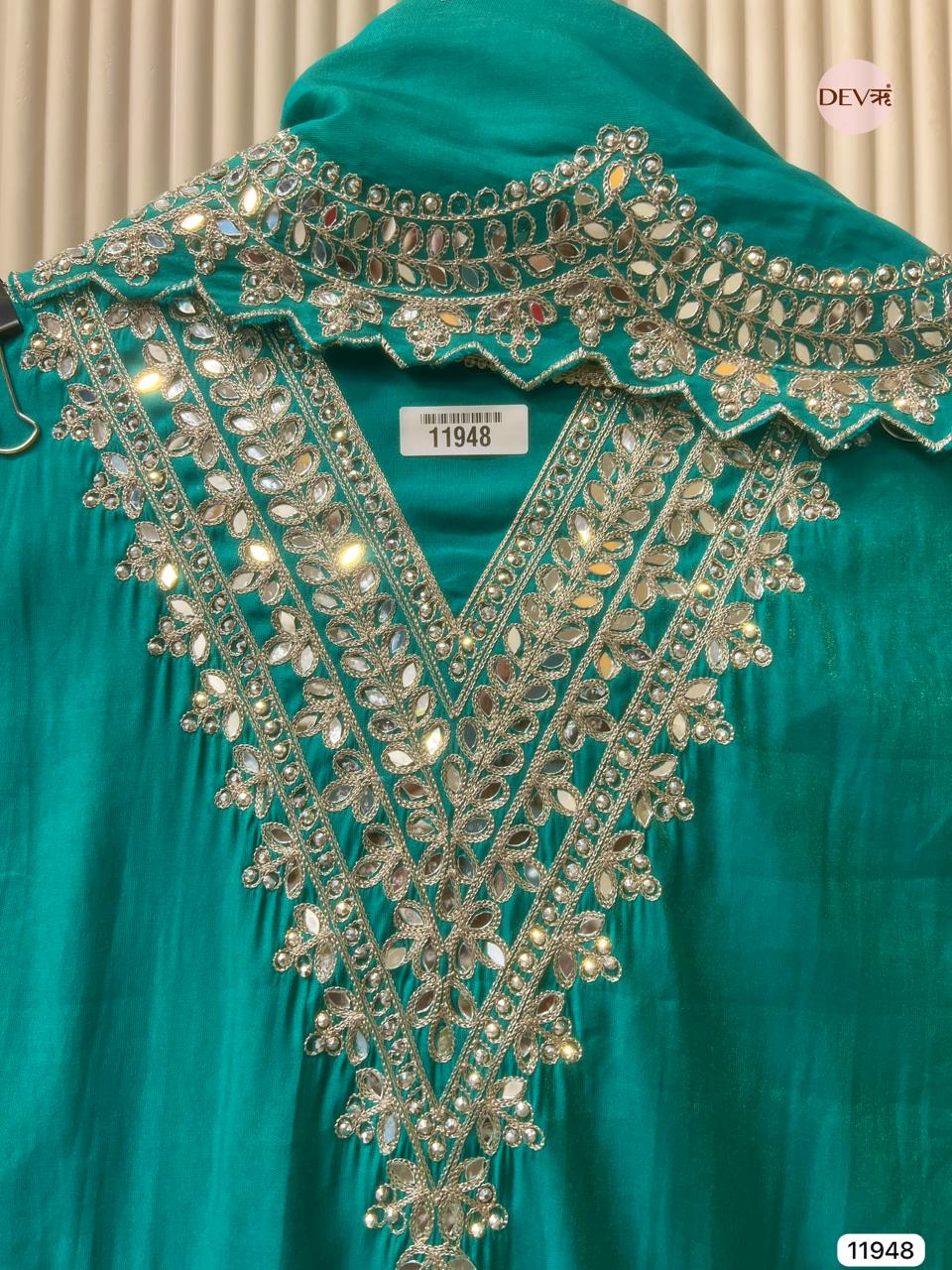 Greenish-Blue Modal Silk Unstitched Hand Embroidered -Set Of 3 - {11948}