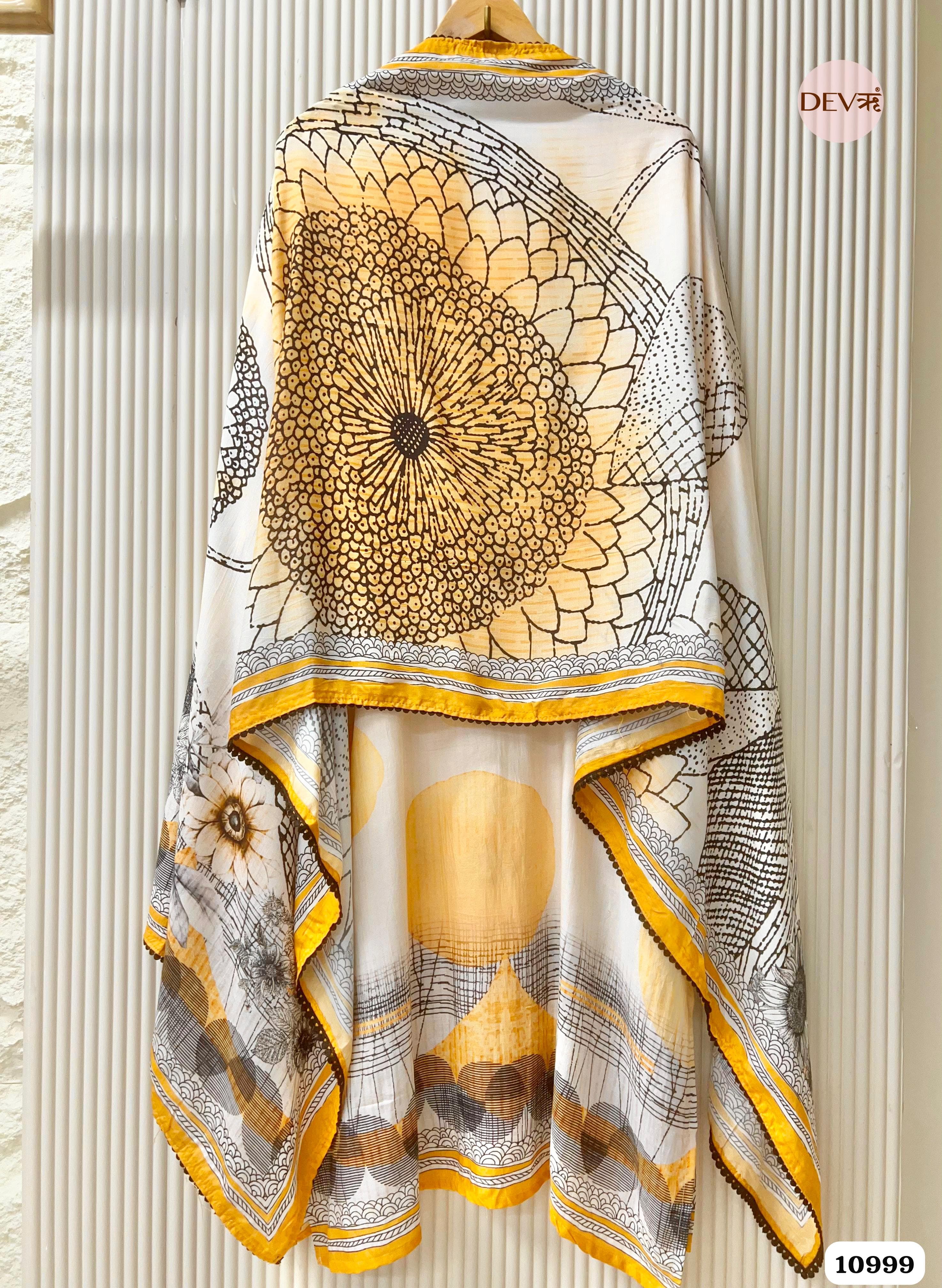 Yellow Muslin Semi Stitched Printed Hand Embroidered -Set Of 3 {10999}