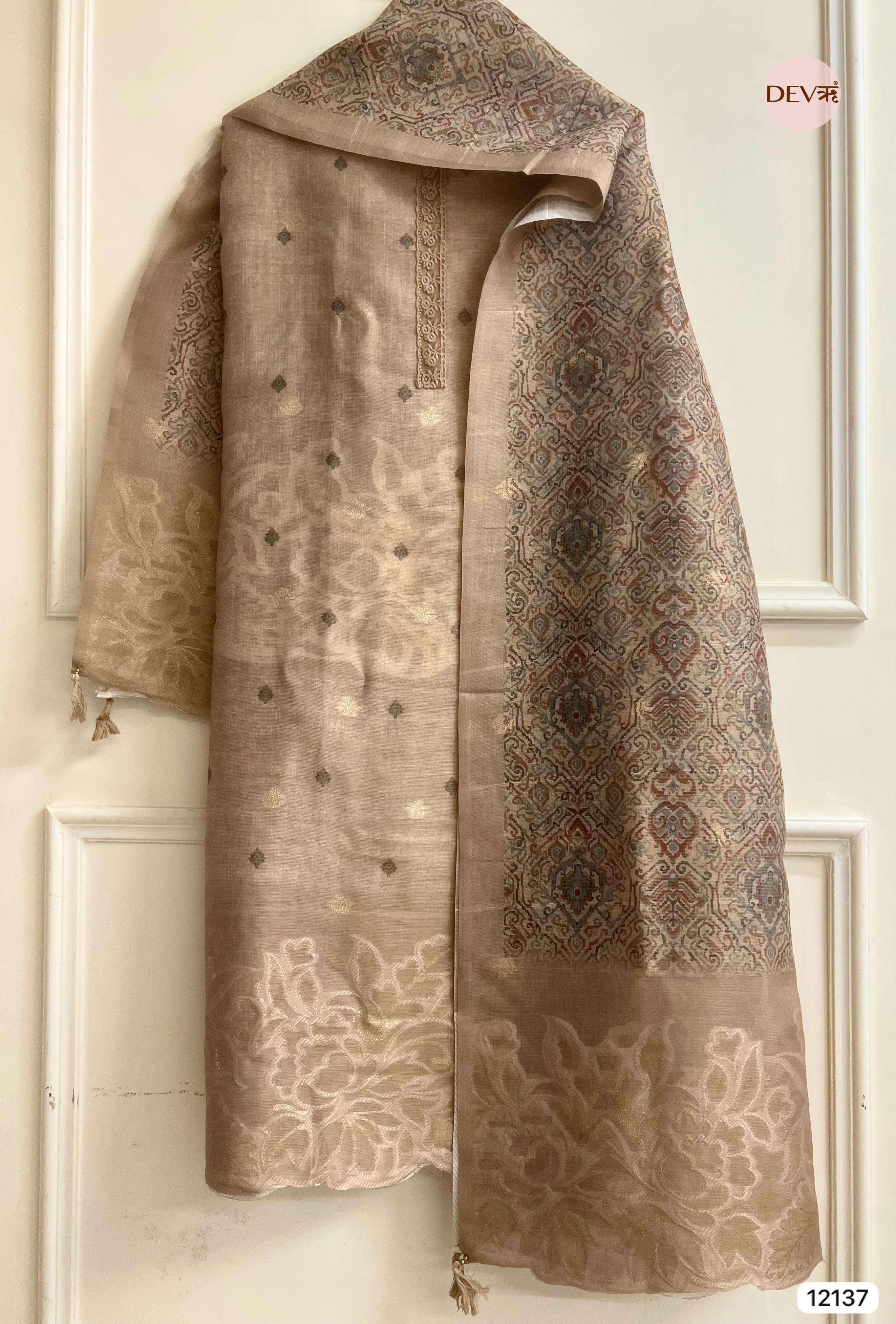 Beige Pure Jamdhani Silk Unstitched Woven Embroidered -Set Of 3 - {12137}