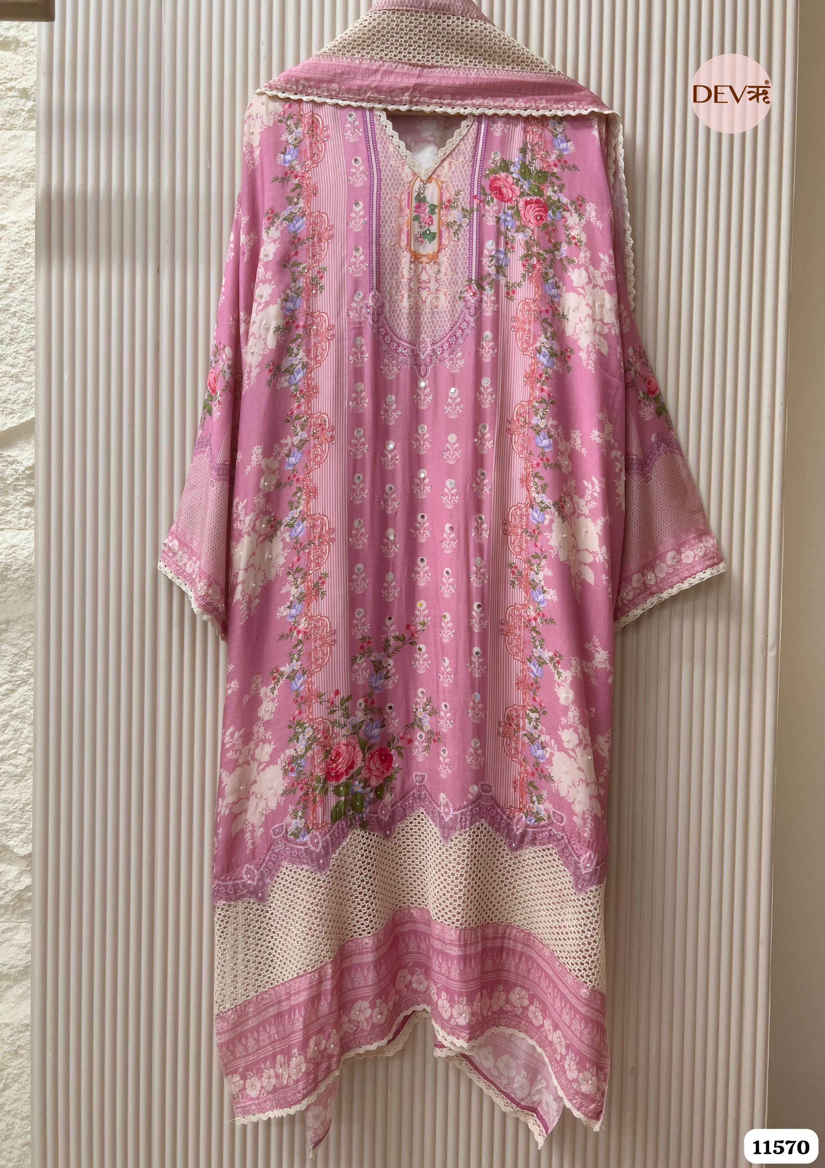 Pink Muslin Printed Semi Stitched Hand Embroidered -Set Of 3 {11570}