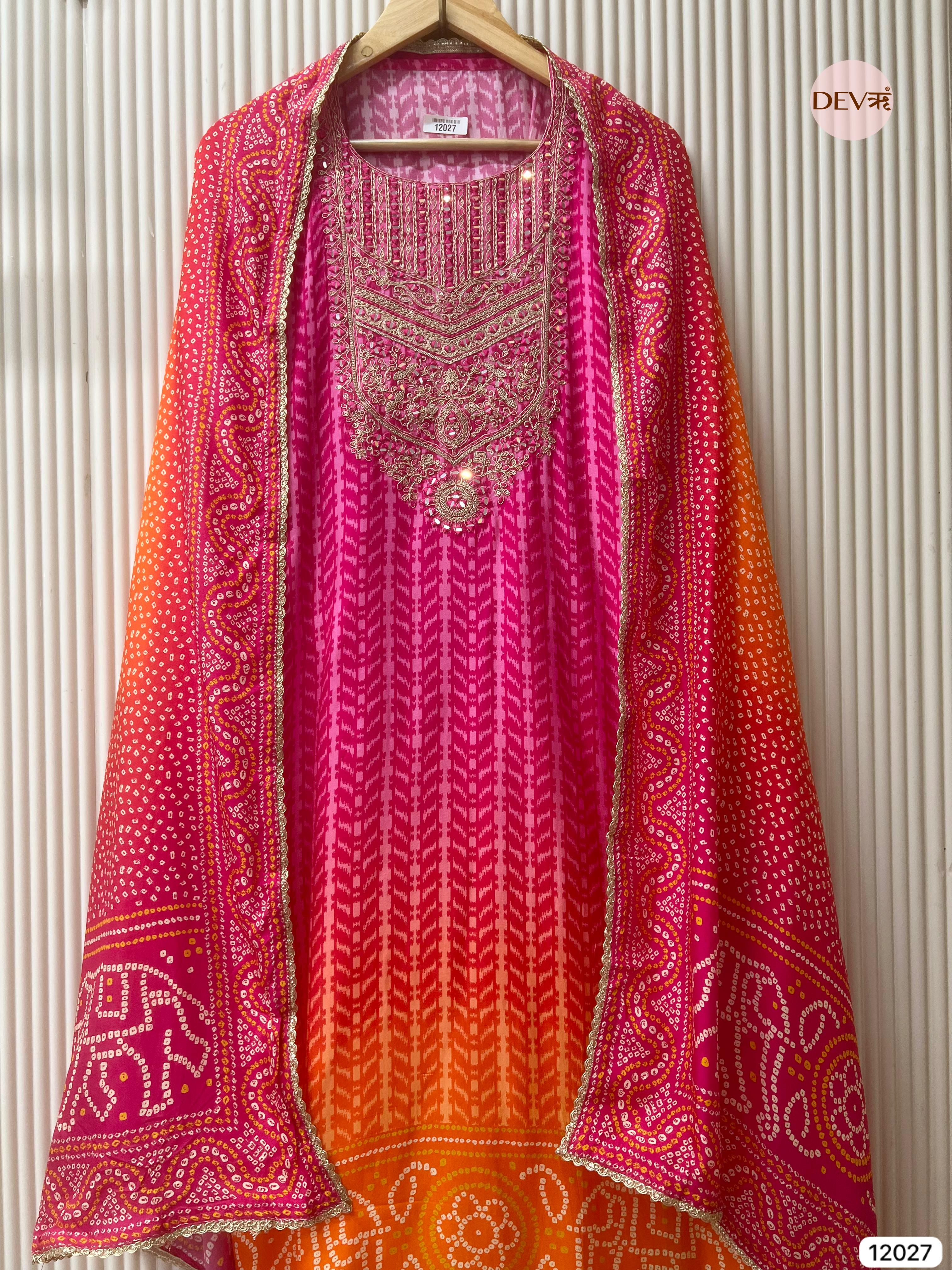 Pink Russian Silk Unstitched Printed Hand Embroidered -Set Of 3 - {12027}