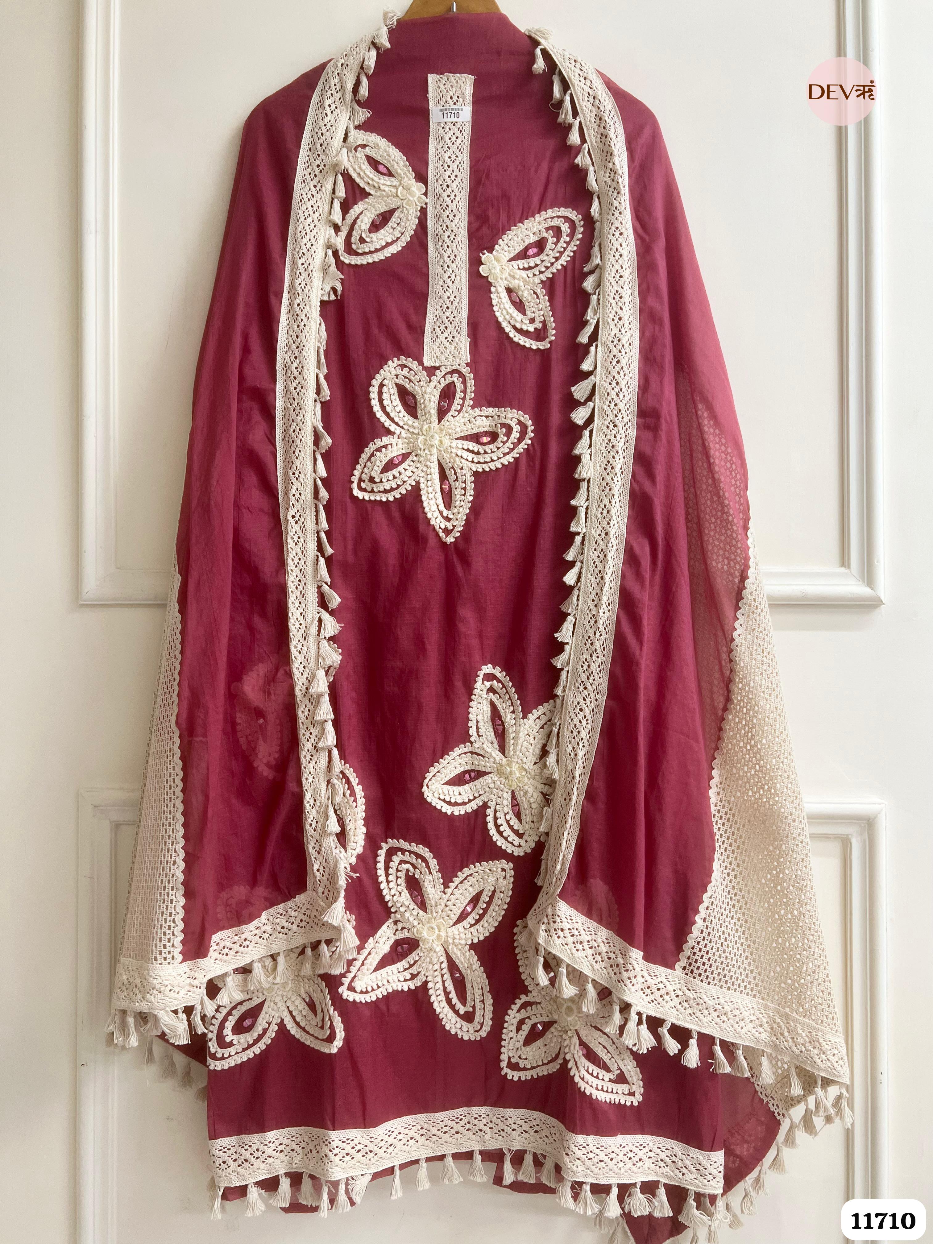 Maroon Mul Chanderi Unstitched Hand Embroidered -Set Of 3 {11710}
