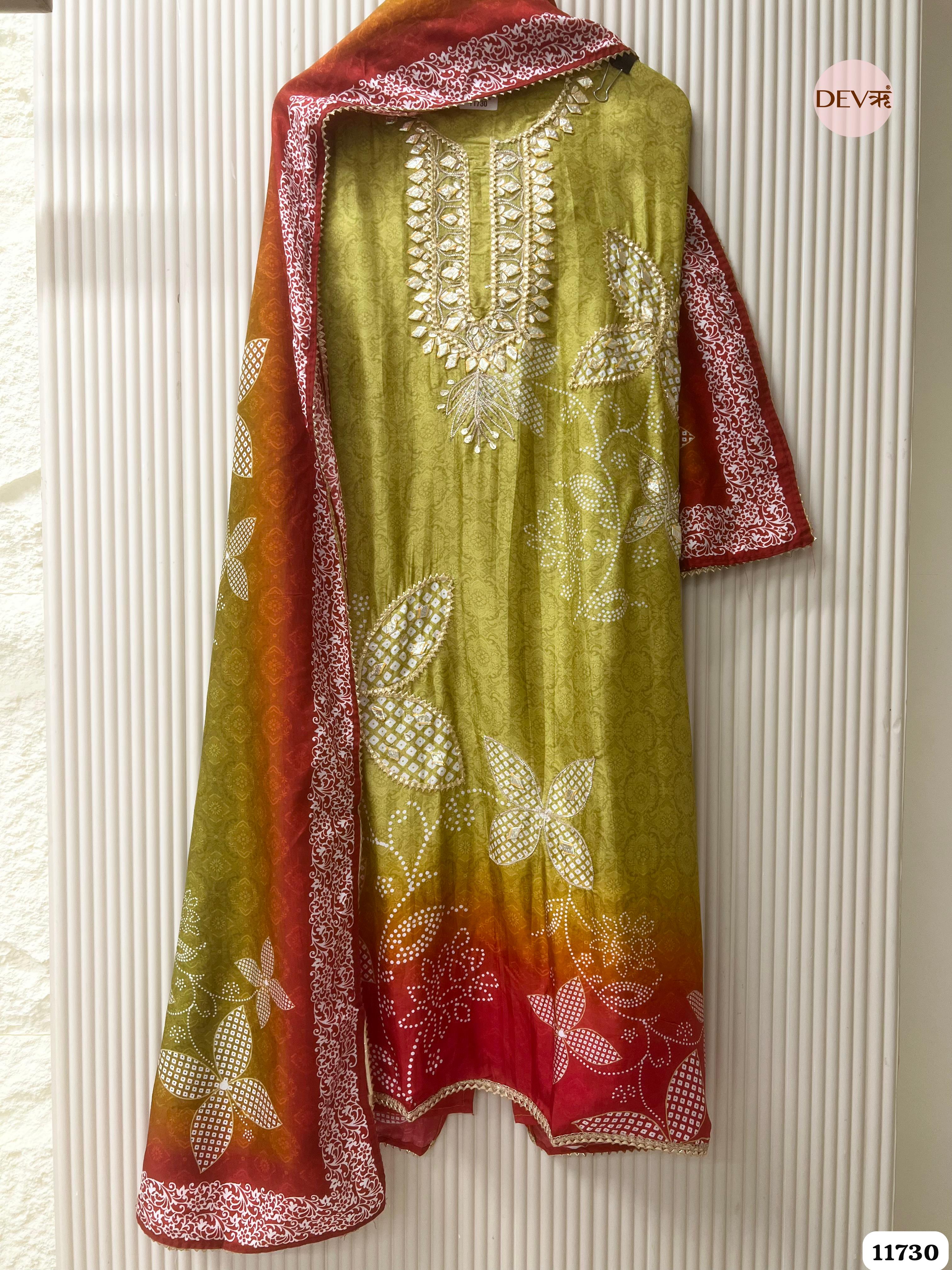 Green Russian Silk Semi Stitched Printed Hand Embroidered -Set Of 3- {11730}