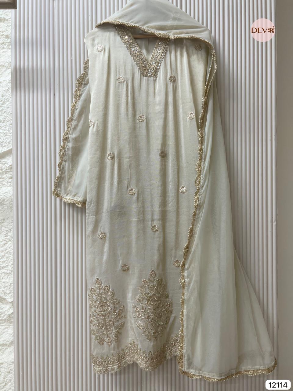 Ivory Tissue Shimmer Silk Embroidered Unstitched 3-Piece Suit (Devri – D.No 12114).