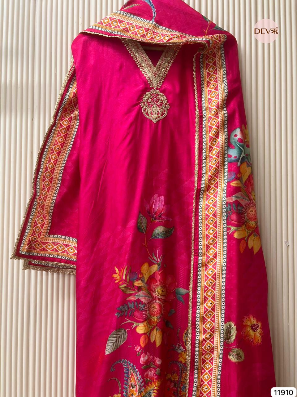 Magenta Russian Silk Printed Unstitched 3-Piece Suit (Devri – D.No 11910)