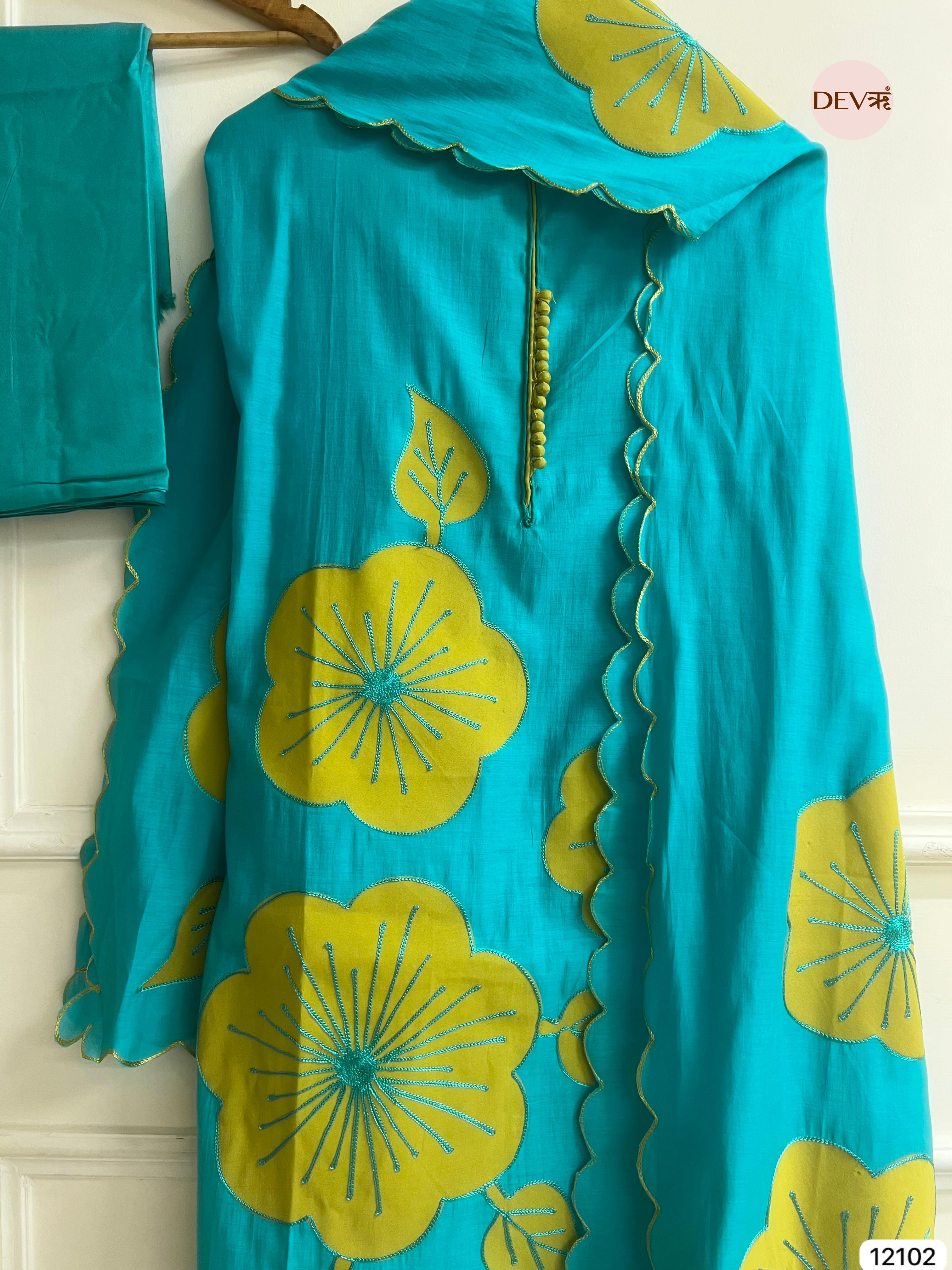 Blue Modal Silk Unstitched Applique Embroidered -Set Of 3 - {12102}