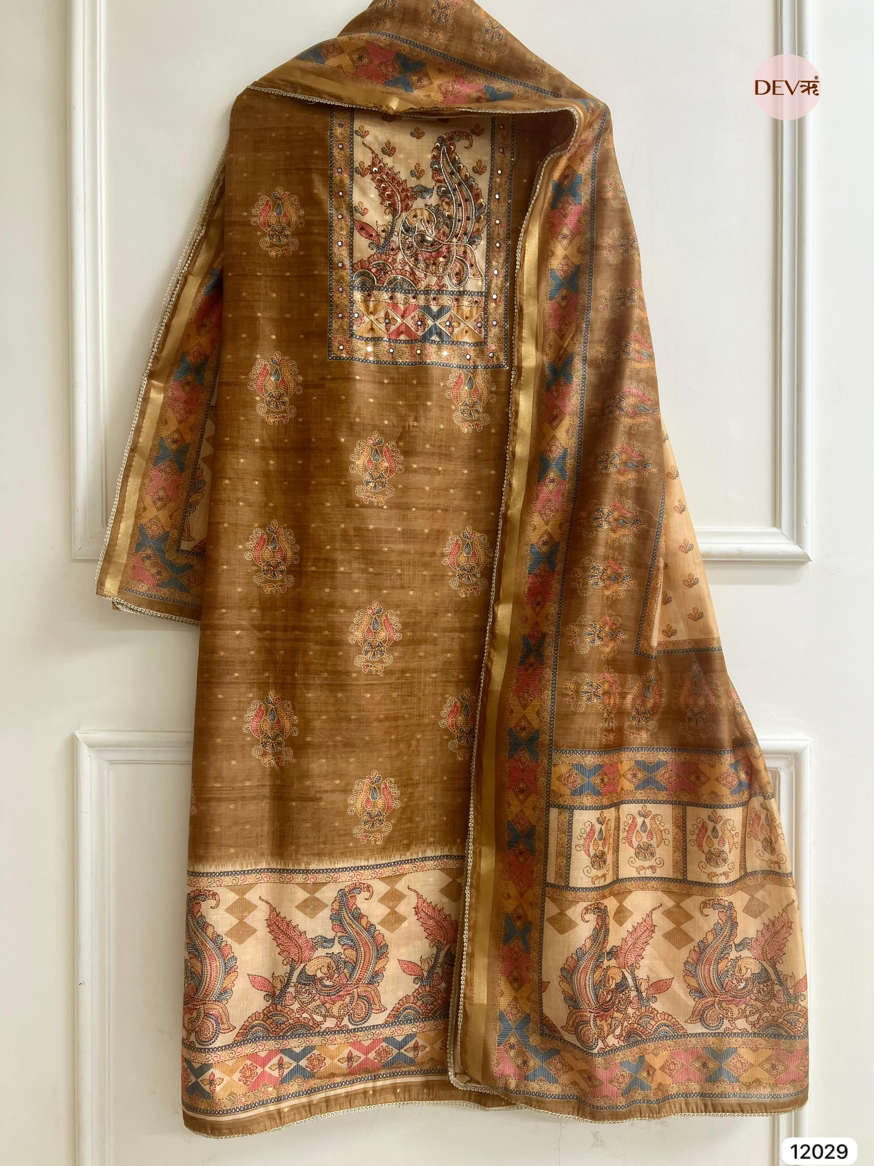 Golden-Brown Tusser Khadi Silk Printed Unstitched Hand Embroidered -Set Of 3 - {12029}